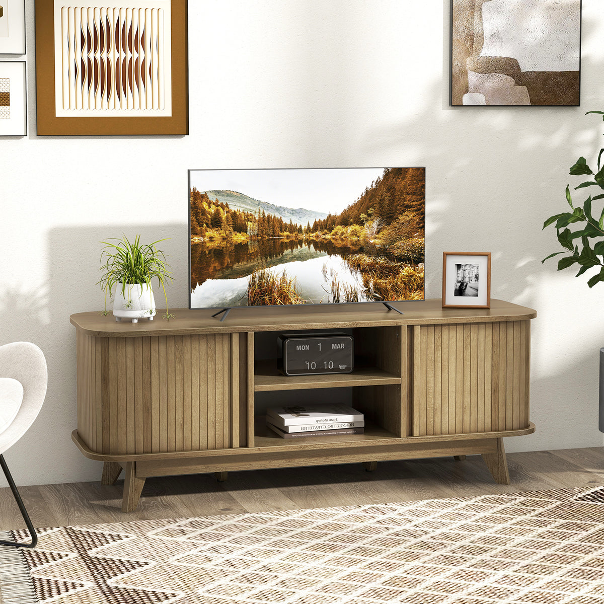 TV Stand for 55-Inch TV Media Console Table with Dual Sliding Doors-Oak-Entertainment Centers & TV Stands-DECOROLALA