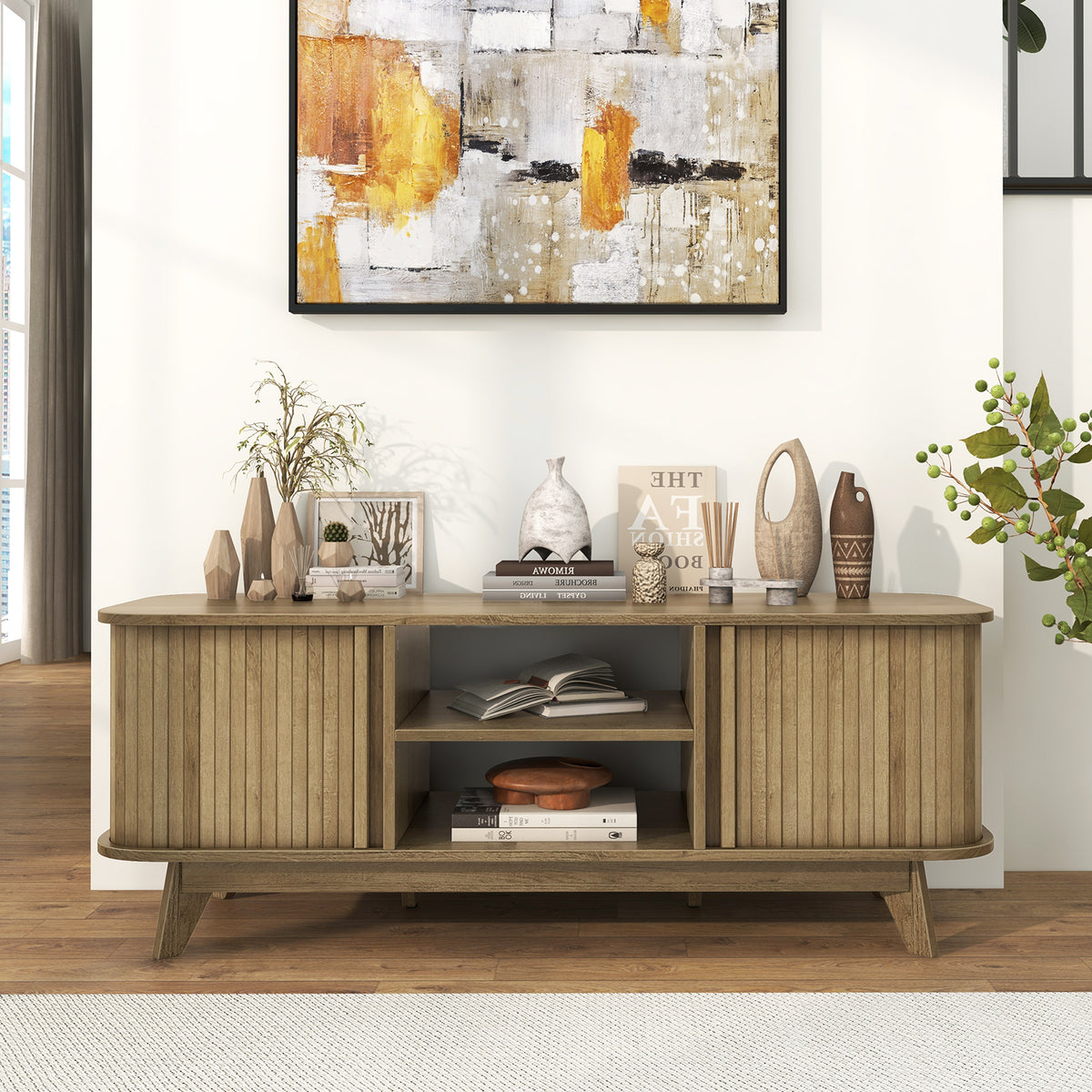 TV Stand for 55-Inch TV Media Console Table with Dual Sliding Doors-Oak-Entertainment Centers & TV Stands-DECOROLALA