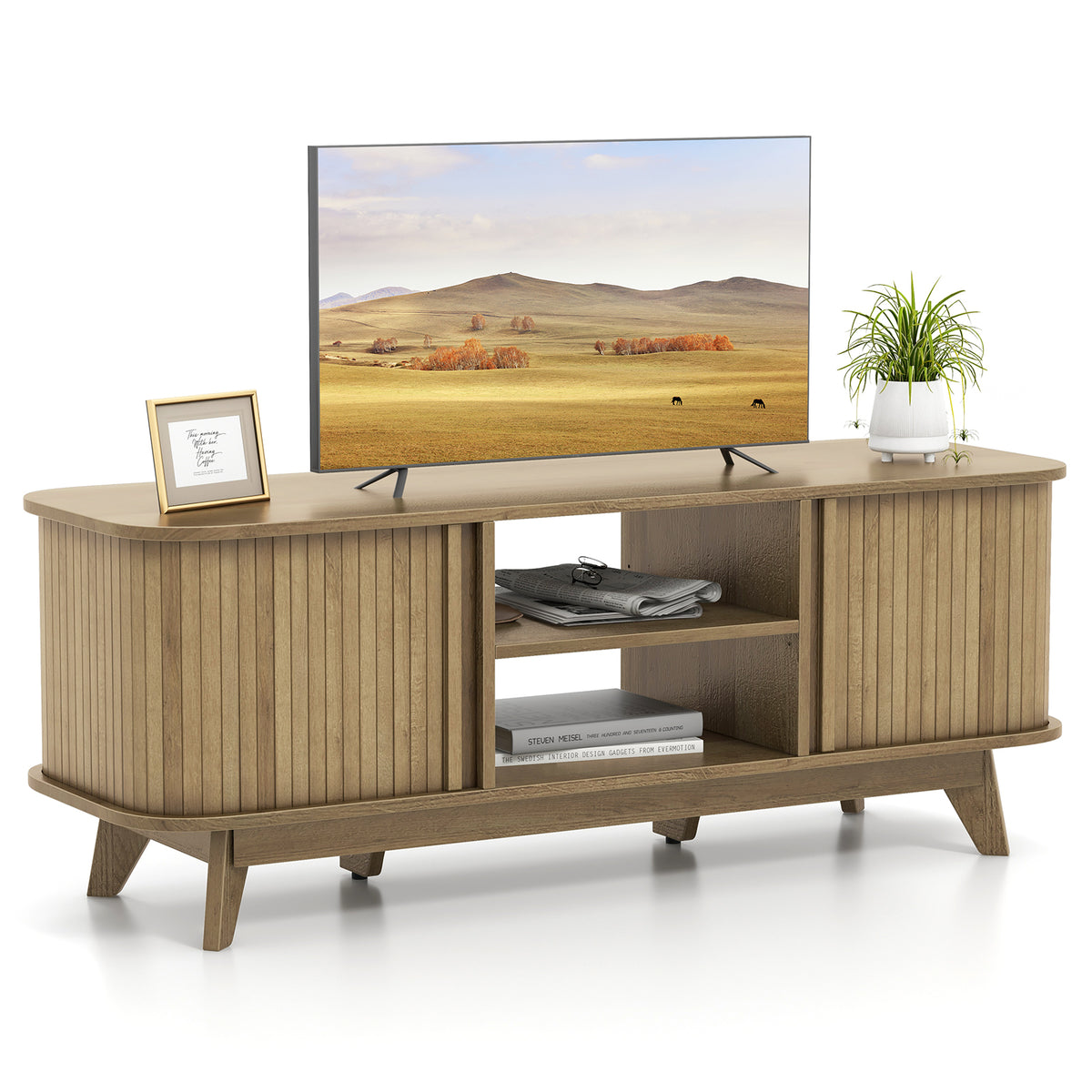 TV Stand for 55-Inch TV Media Console Table with Dual Sliding Doors-Oak-Entertainment Centers & TV Stands-DECOROLALA
