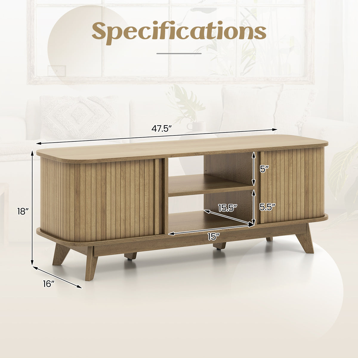 TV Stand for 55-Inch TV Media Console Table with Dual Sliding Doors-Oak-Entertainment Centers & TV Stands-DECOROLALA