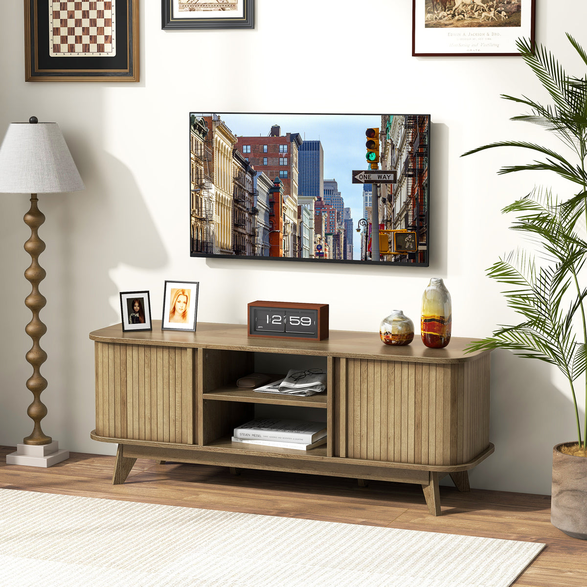 TV Stand for 55-Inch TV Media Console Table with Dual Sliding Doors-Oak-Entertainment Centers & TV Stands-DECOROLALA