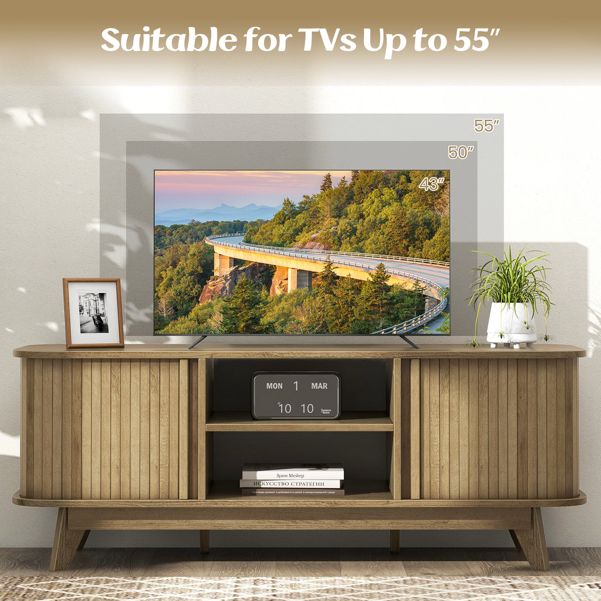 TV Stand for 55-Inch TV Media Console Table with Dual Sliding Doors-Oak-Entertainment Centers & TV Stands-DECOROLALA