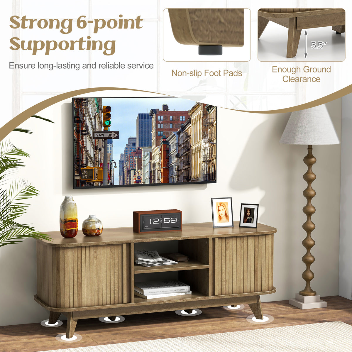 TV Stand for 55-Inch TV Media Console Table with Dual Sliding Doors-Oak-Entertainment Centers & TV Stands-DECOROLALA