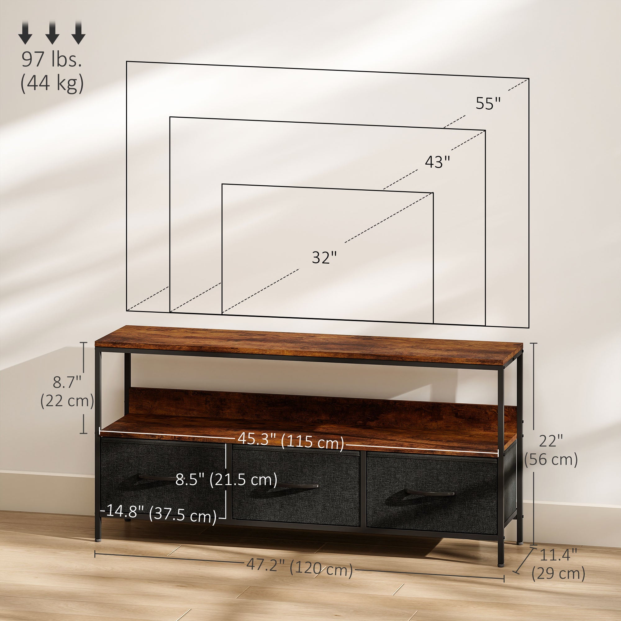 TV Stand for 55" TV - Rustic Brown with 3 Drawers-Home Furnishings > Living Room Furniture > TV¬†Stands-DECOROLALA