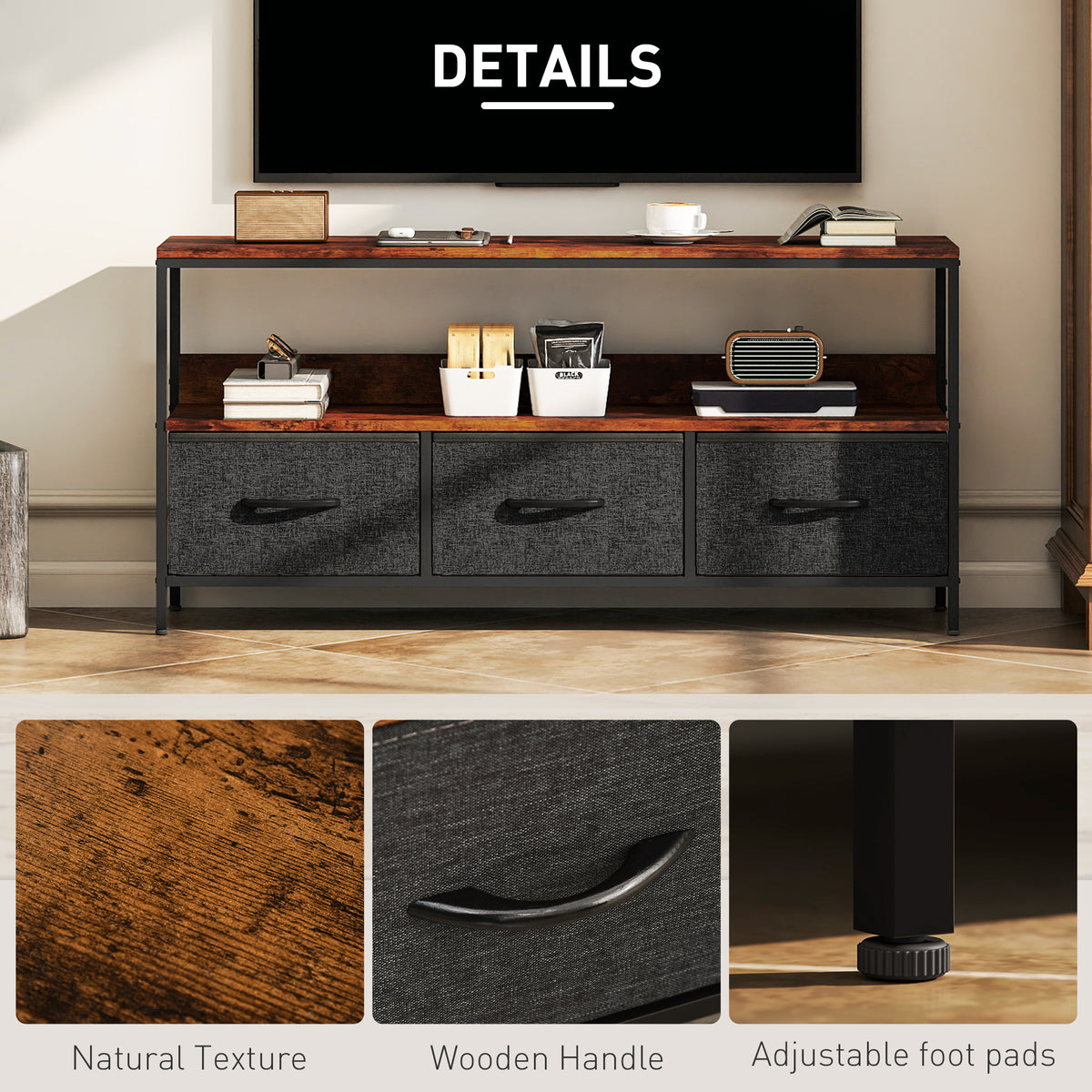 TV Stand for 55" TV - Rustic Brown with 3 Drawers-Home Furnishings > Living Room Furniture > TV¬†Stands-DECOROLALA