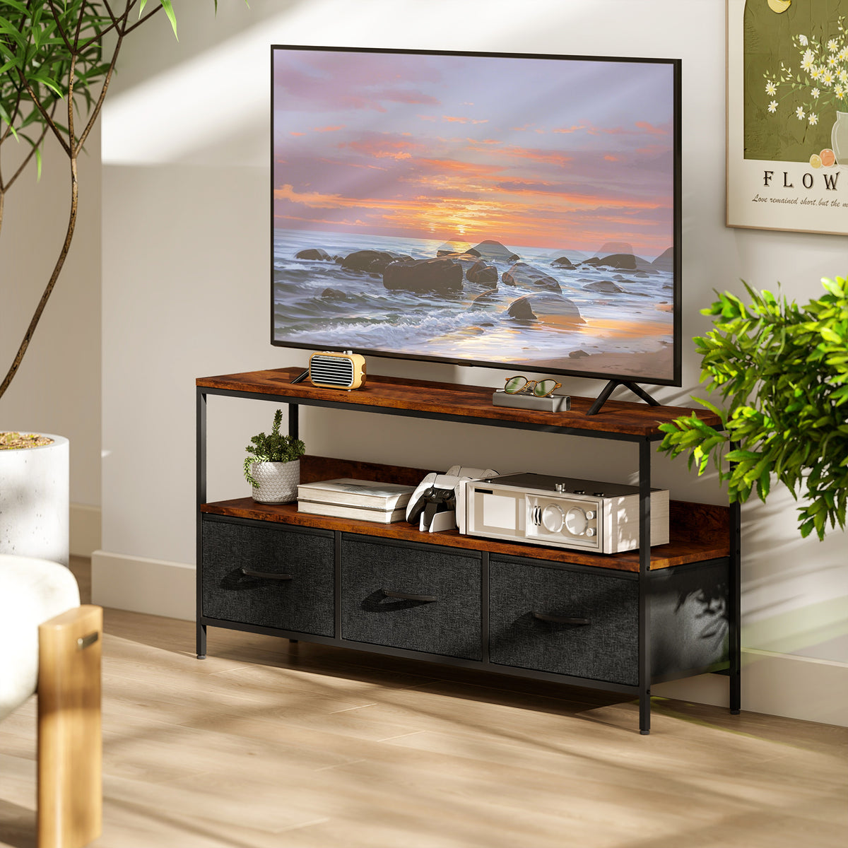 TV Stand for 55" TV - Rustic Brown with 3 Drawers-Home Furnishings > Living Room Furniture > TV¬†Stands-DECOROLALA