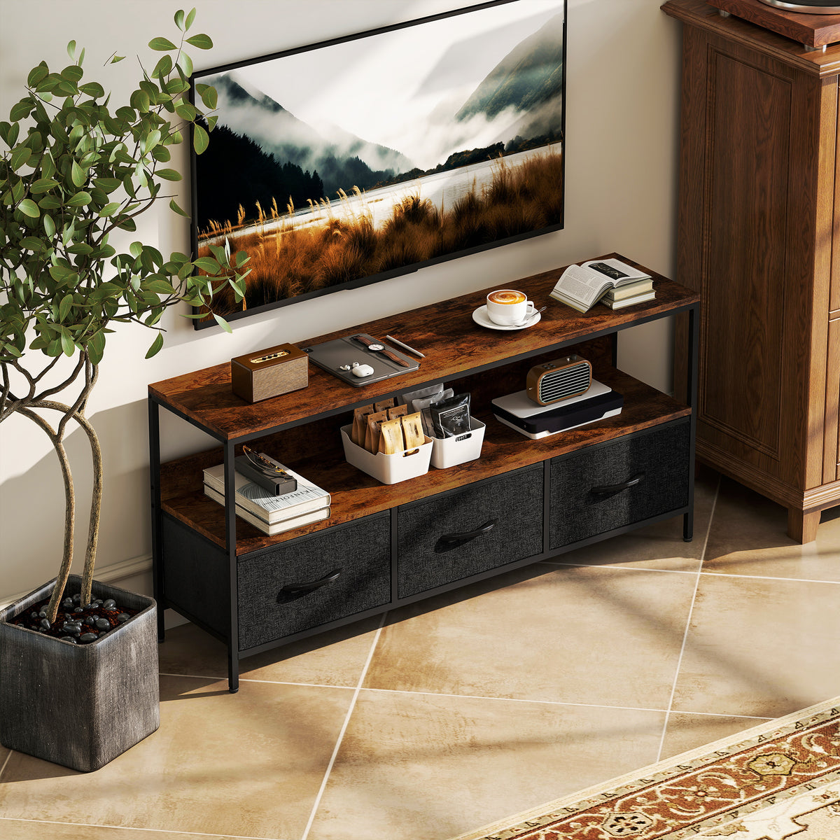 TV Stand for 55" TV - Rustic Brown with 3 Drawers-Home Furnishings > Living Room Furniture > TV¬†Stands-DECOROLALA