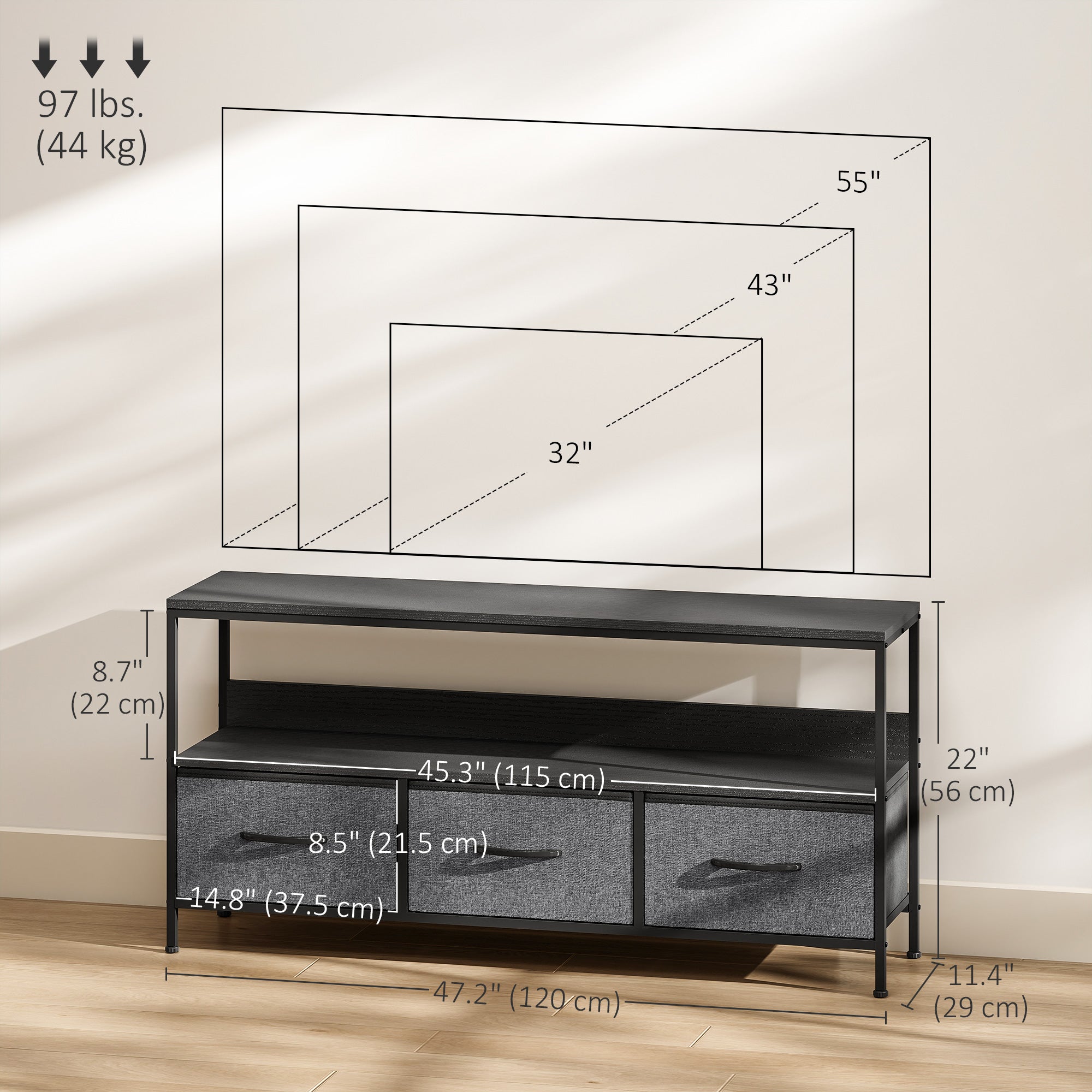 TV Stand for 55" TV with 3 Drawers & Open Shelf - Black-Home Furnishings > Living Room Furniture > TV¬†Stands-DECOROLALA