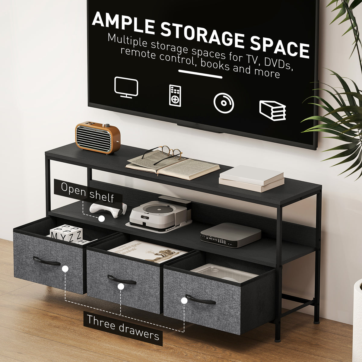 TV Stand for 55" TV with 3 Drawers & Open Shelf - Black-Home Furnishings > Living Room Furniture > TV¬†Stands-DECOROLALA
