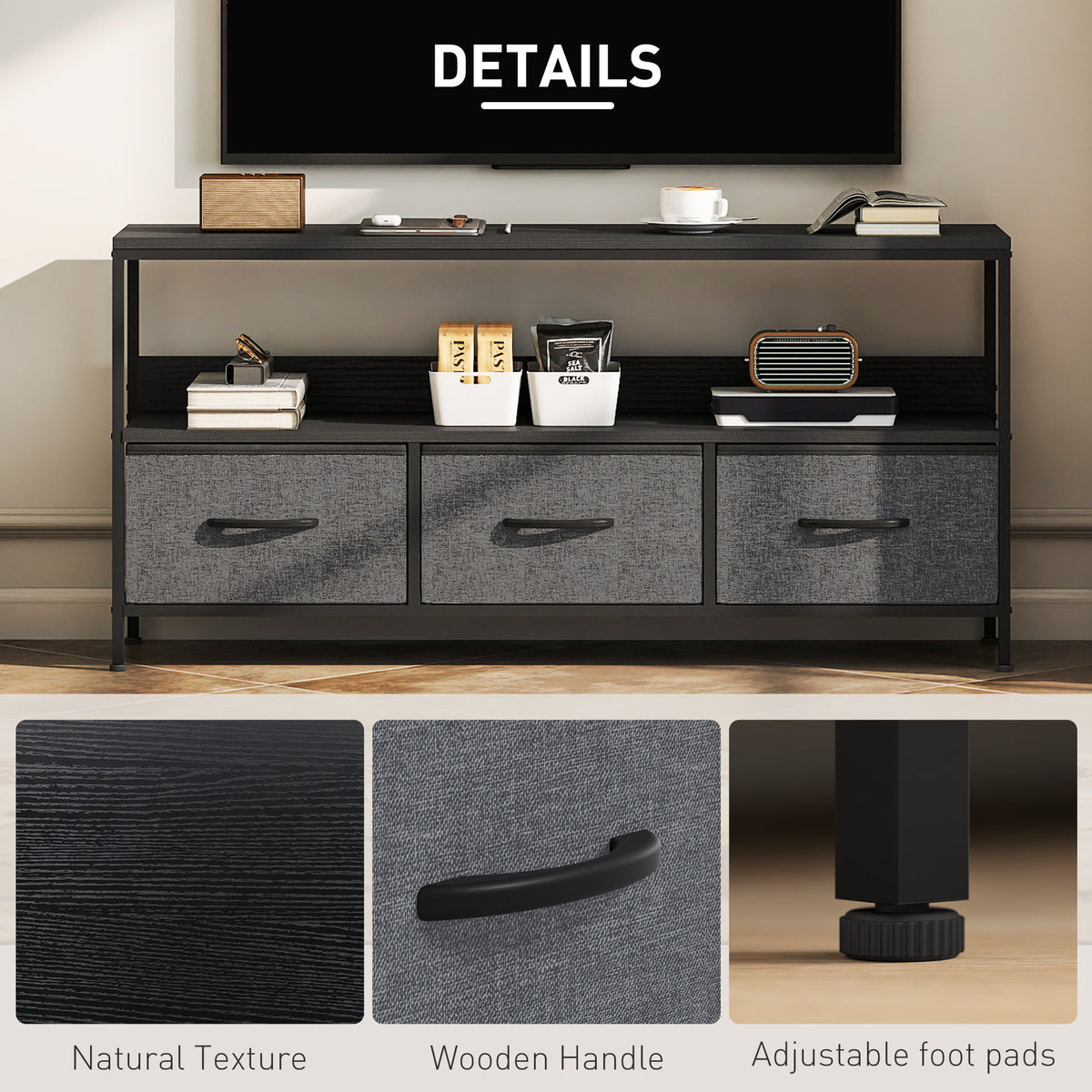 TV Stand for 55" TV with 3 Drawers & Open Shelf - Black-Home Furnishings > Living Room Furniture > TV¬†Stands-DECOROLALA