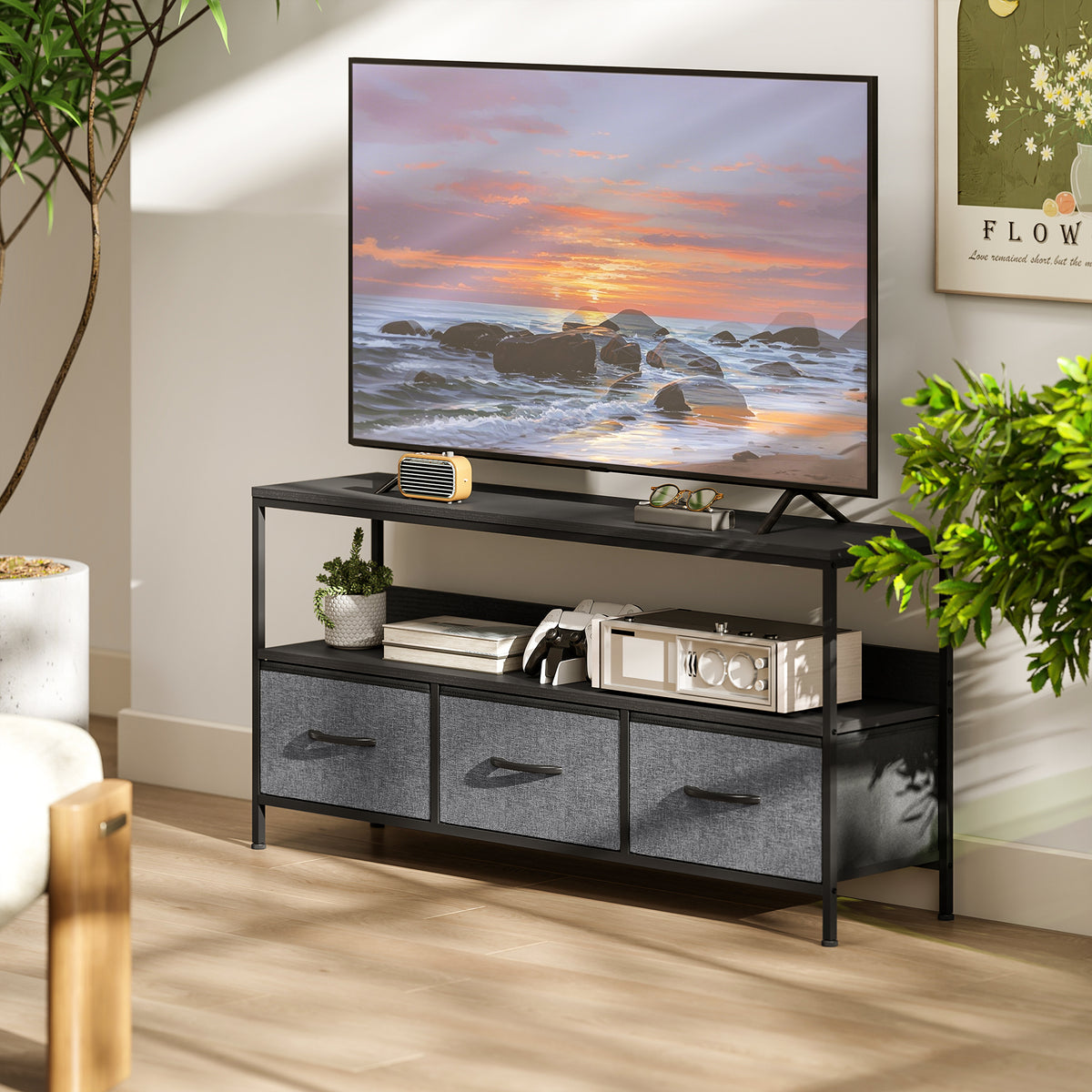 TV Stand for 55" TV with 3 Drawers & Open Shelf - Black-Home Furnishings > Living Room Furniture > TV¬†Stands-DECOROLALA