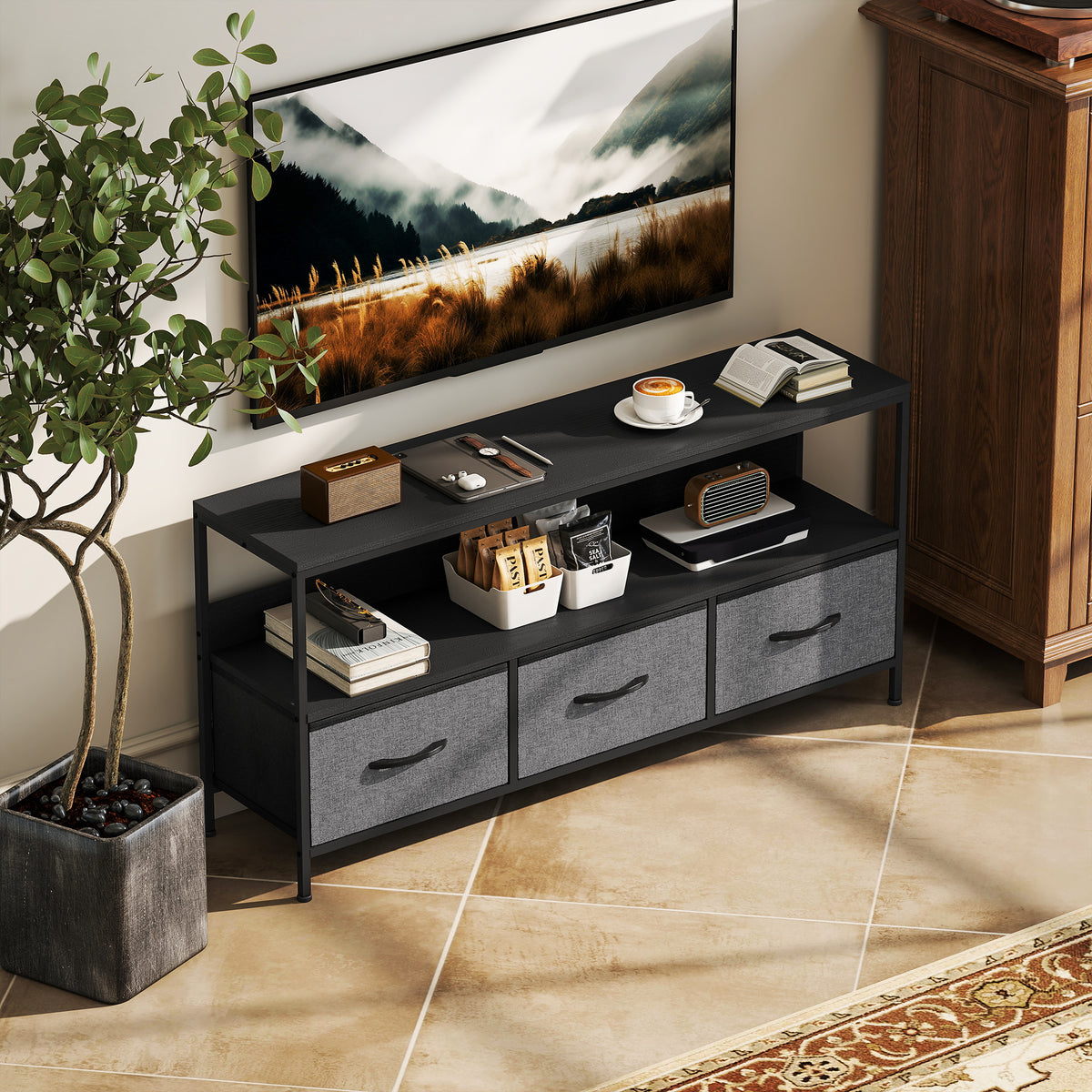 TV Stand for 55" TV with 3 Drawers & Open Shelf - Black-Home Furnishings > Living Room Furniture > TV¬†Stands-DECOROLALA
