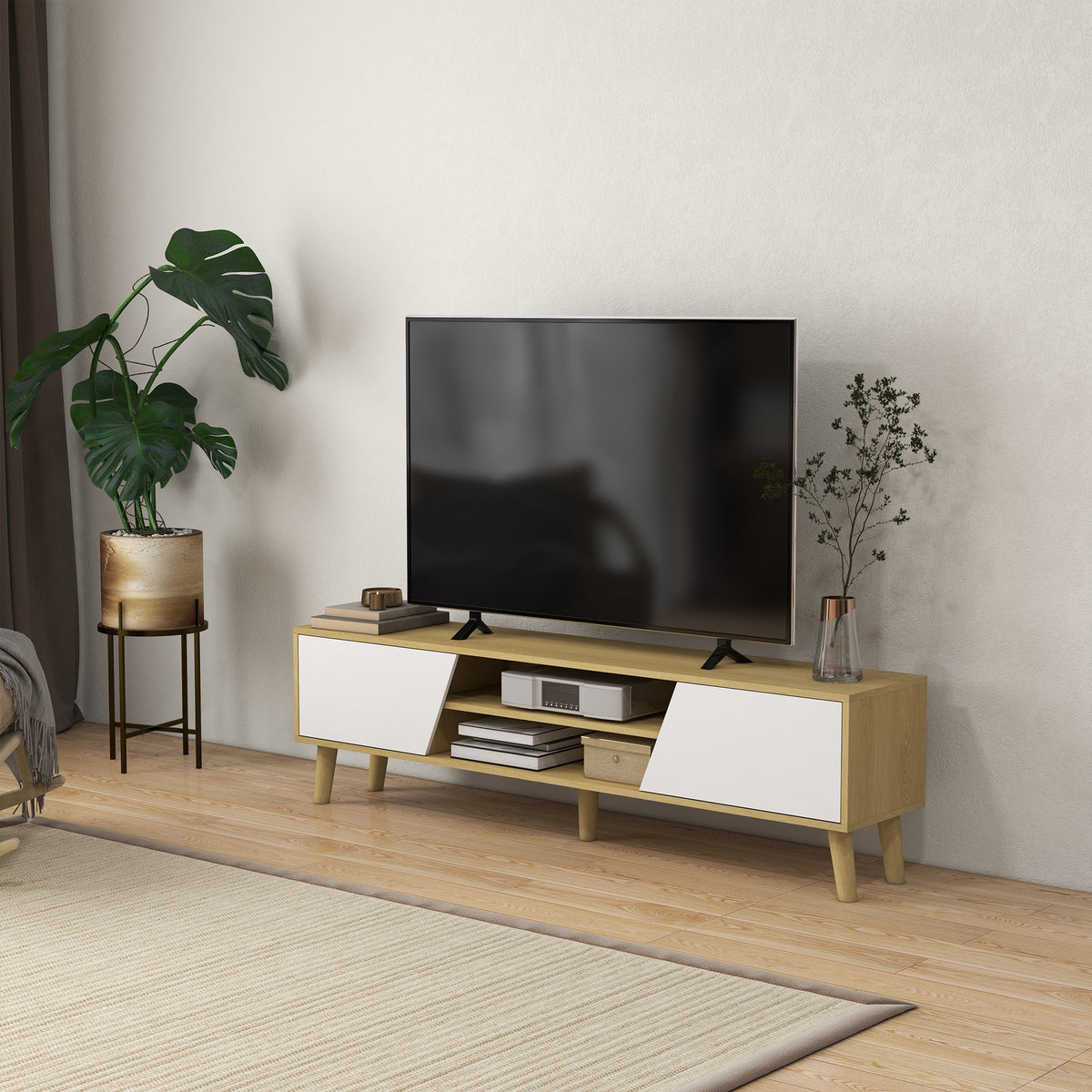 TV Stand for 65 Inch TV - Scandinavian Oak and White-Home Furnishings > Living Room Furniture > TV¬†Stands-DECOROLALA