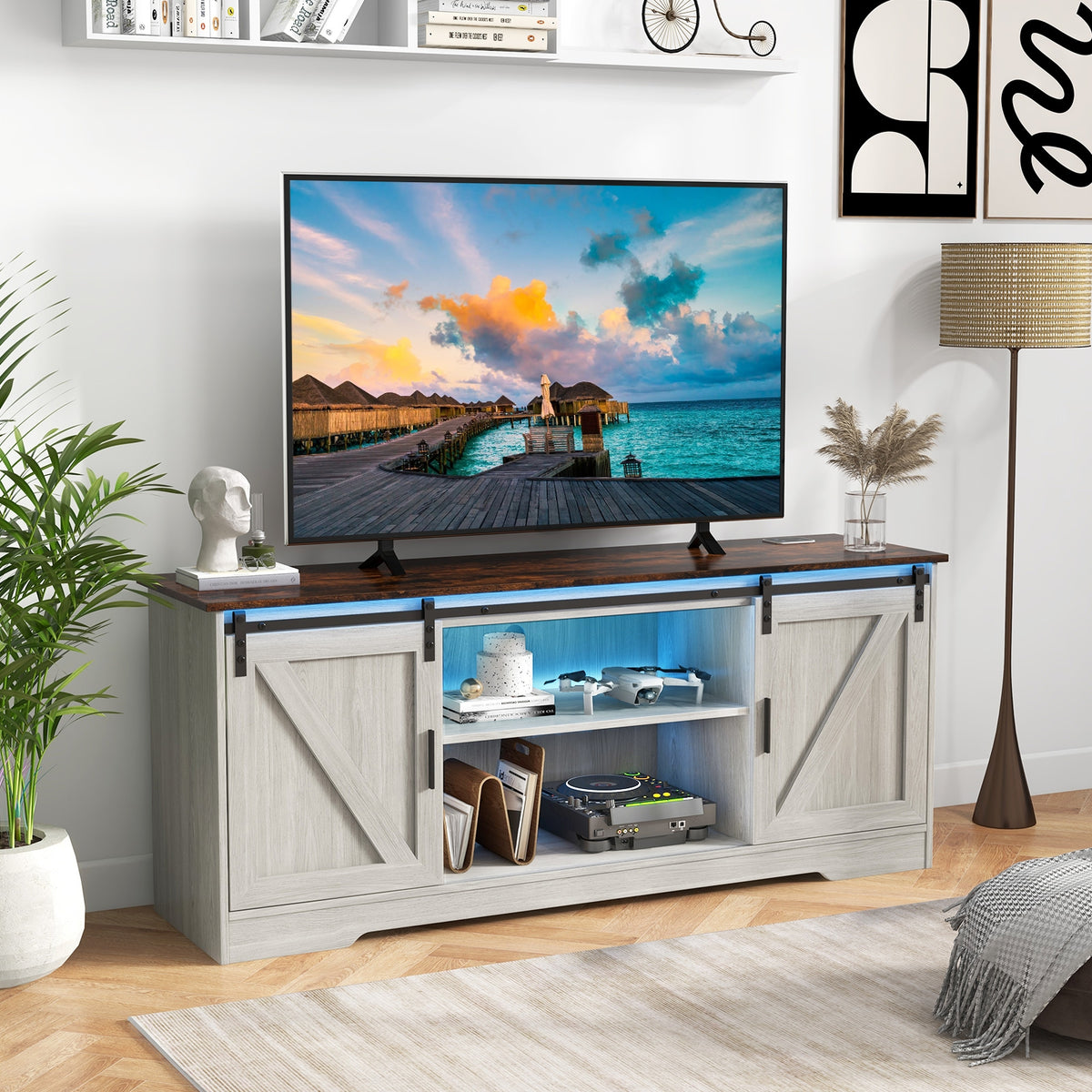 TV Stand for 65 Inch TVs Media Console Table for Living Room-Gray-Entertainment Centers & TV Stands-DECOROLALA