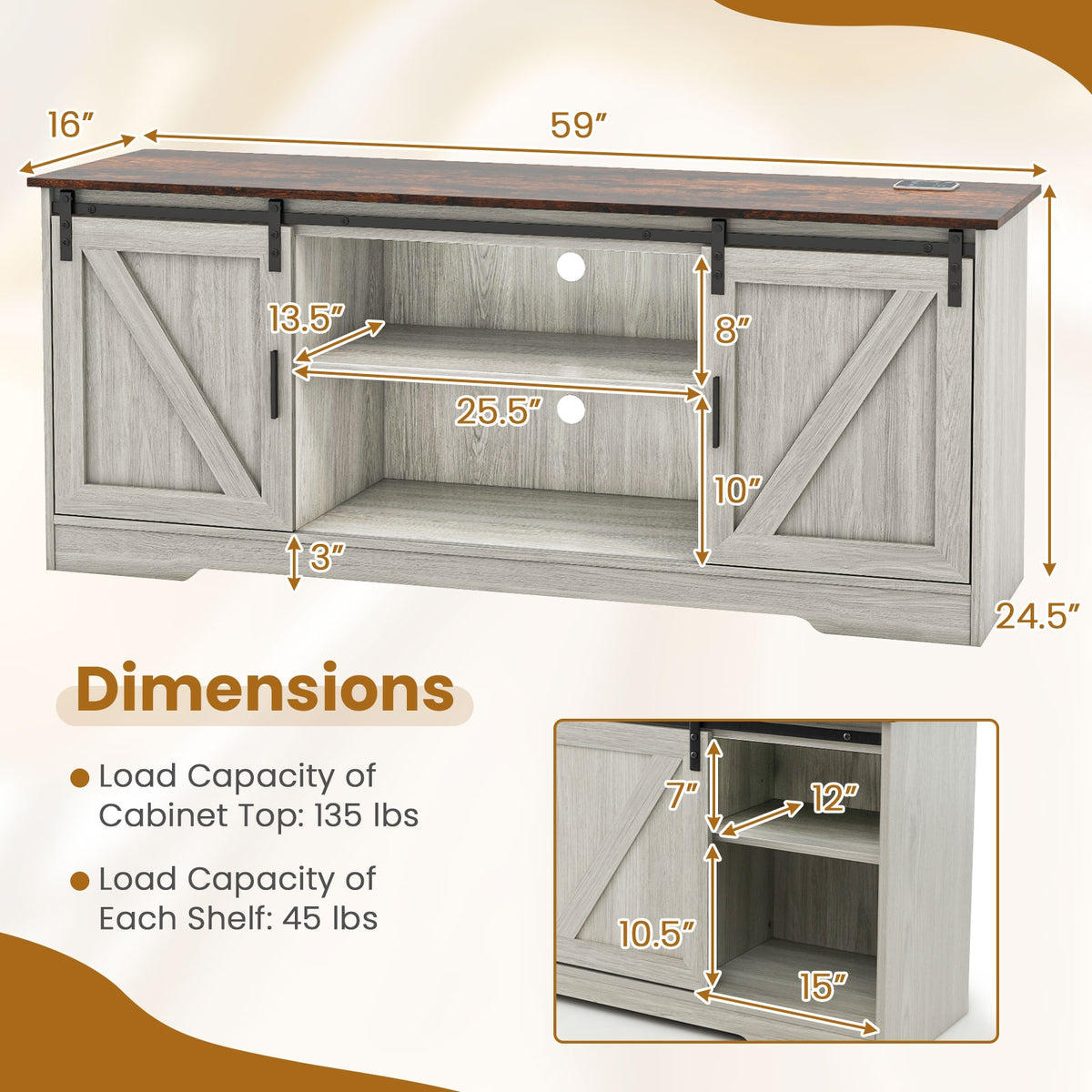 TV Stand for 65 Inch TVs Media Console Table for Living Room-Gray-Entertainment Centers & TV Stands-DECOROLALA