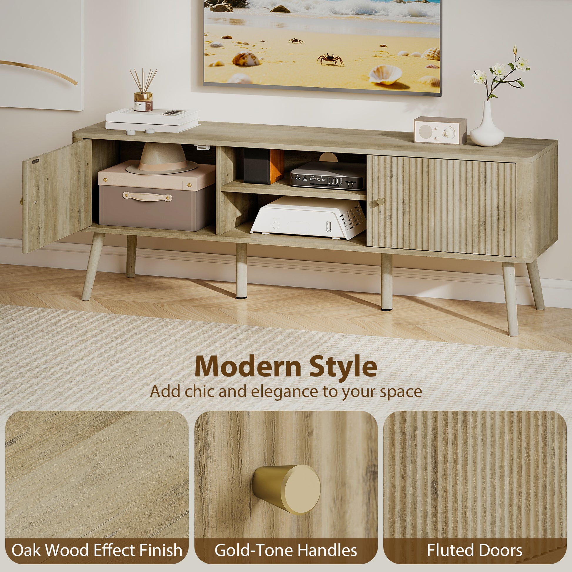 TV Stand for 65 Inch Television, Entertainment Center with Adjustable Shelves and Pine Wood Legs for Living Room, Oak-Home Furnishings > Living Room Furniture > TV¬†Stands-DECOROLALA