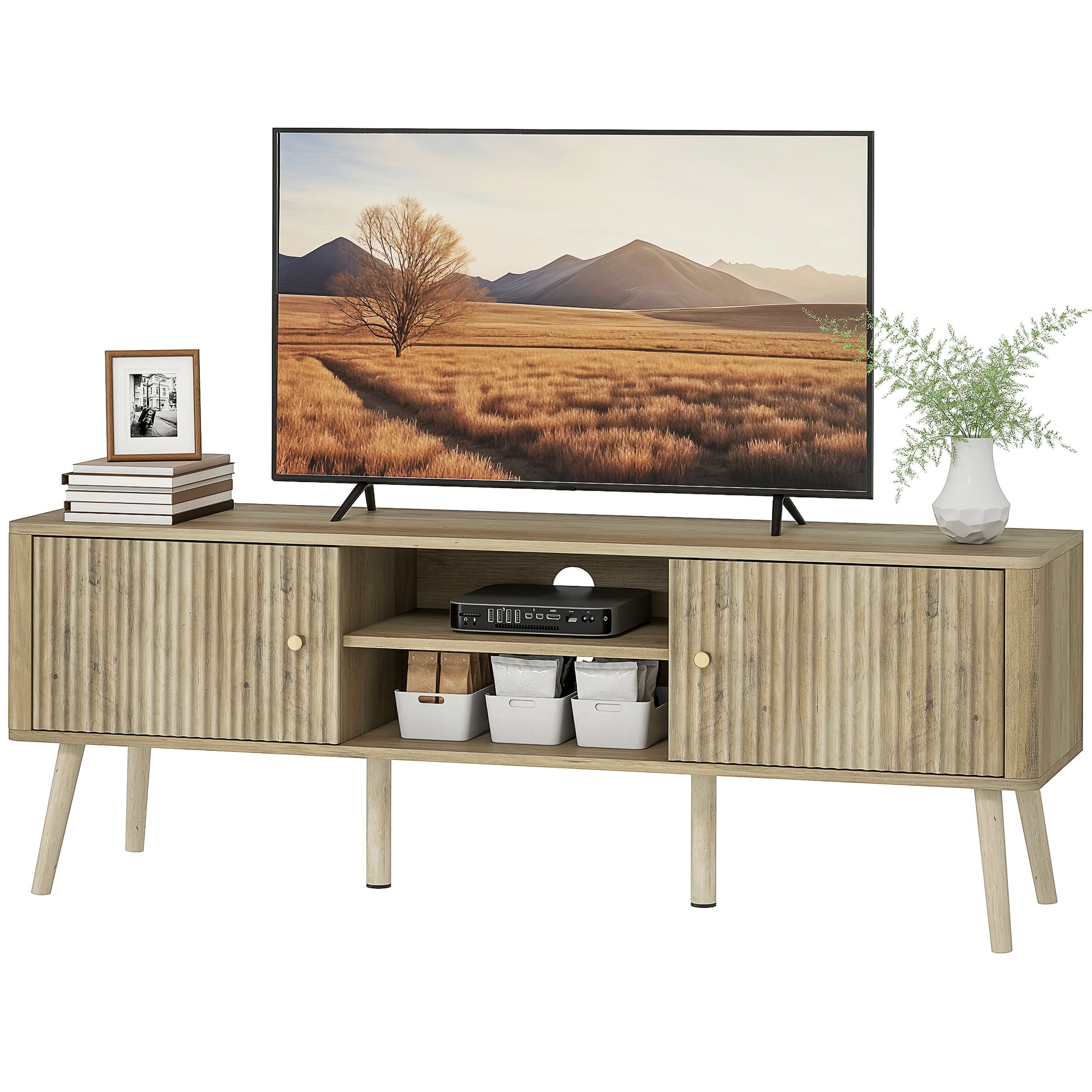 TV Stand for 65 Inch Television, Entertainment Center with Adjustable Shelves and Pine Wood Legs for Living Room, Oak-Home Furnishings > Living Room Furniture > TV¬†Stands-DECOROLALA