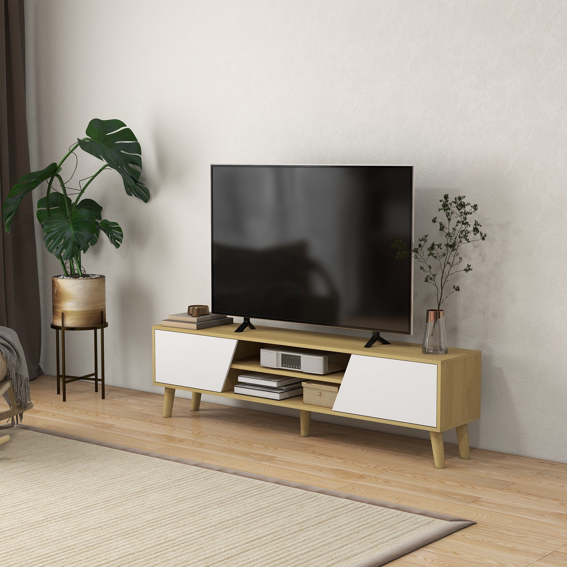 TV Stand for 65 Inch Television, Entertainment Center with Soft Closing Door and Rubberwood Legs, Oak and White-Home Furnishings > Living Room Furniture > TV¬†Stands-DECOROLALA