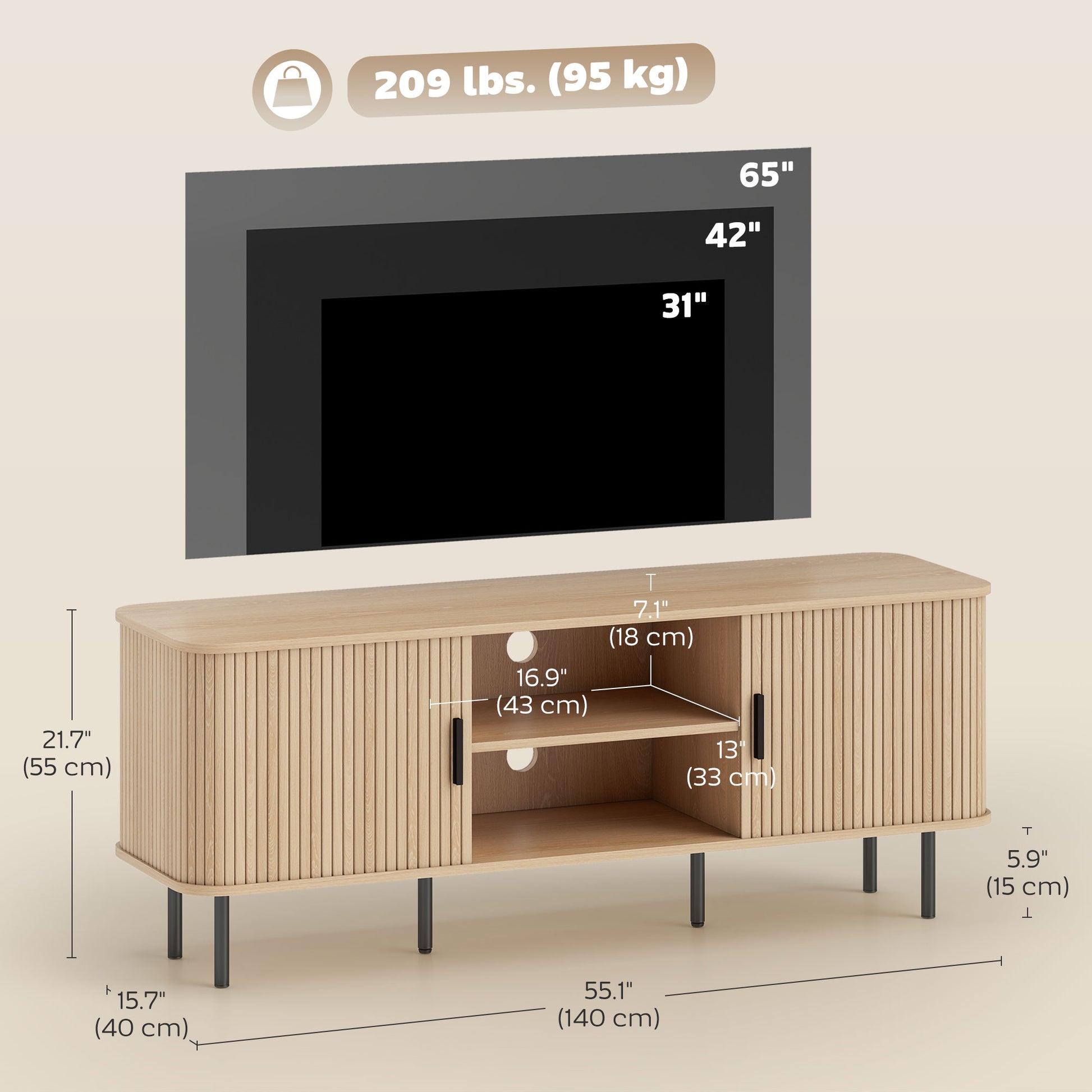 TV Stand for 65" TV - Oak Tone Storage Cabinet with Shelves, Clean Design-DECOROLALA
