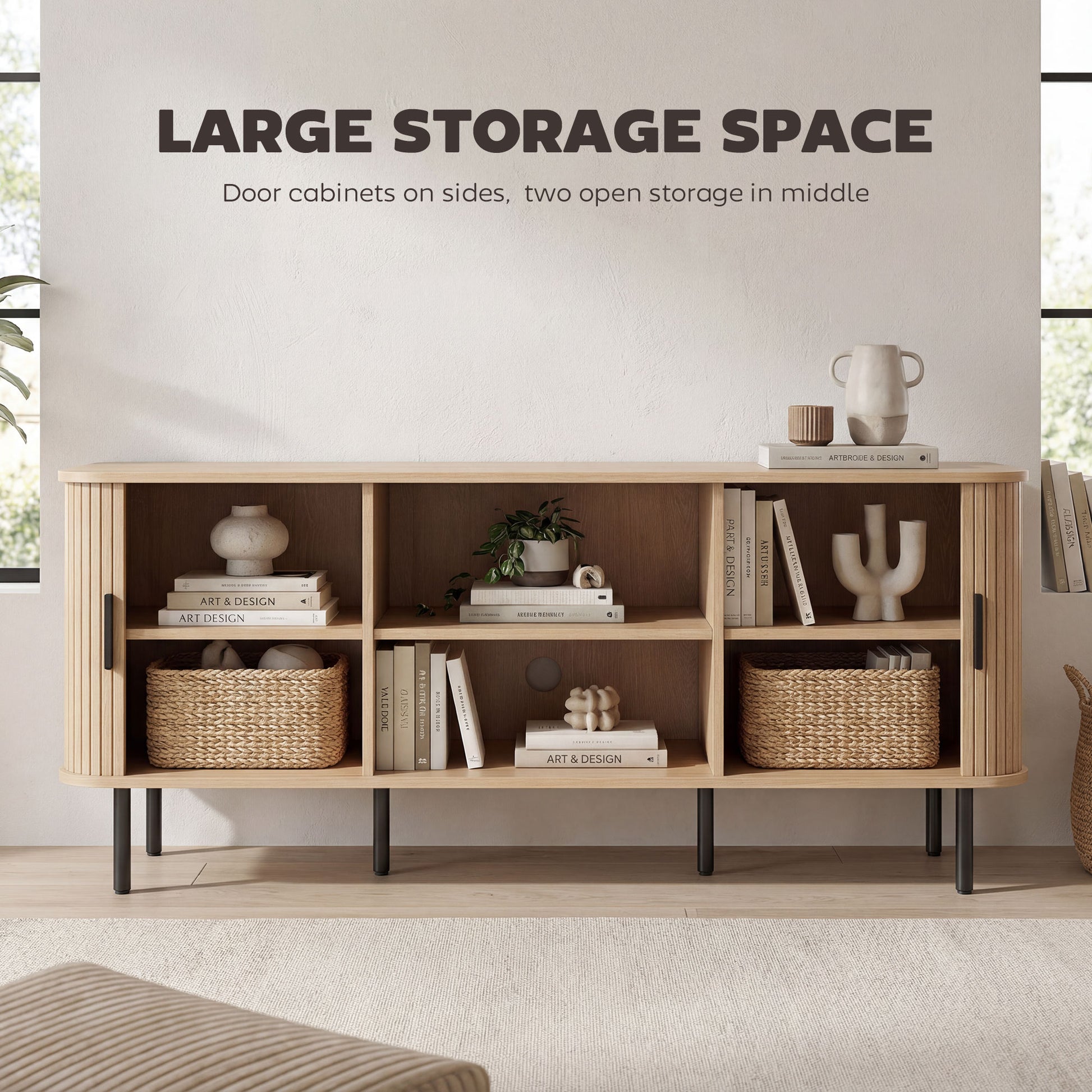 TV Stand for 65" TV - Oak Tone Storage Cabinet with Shelves, Clean Design-DECOROLALA