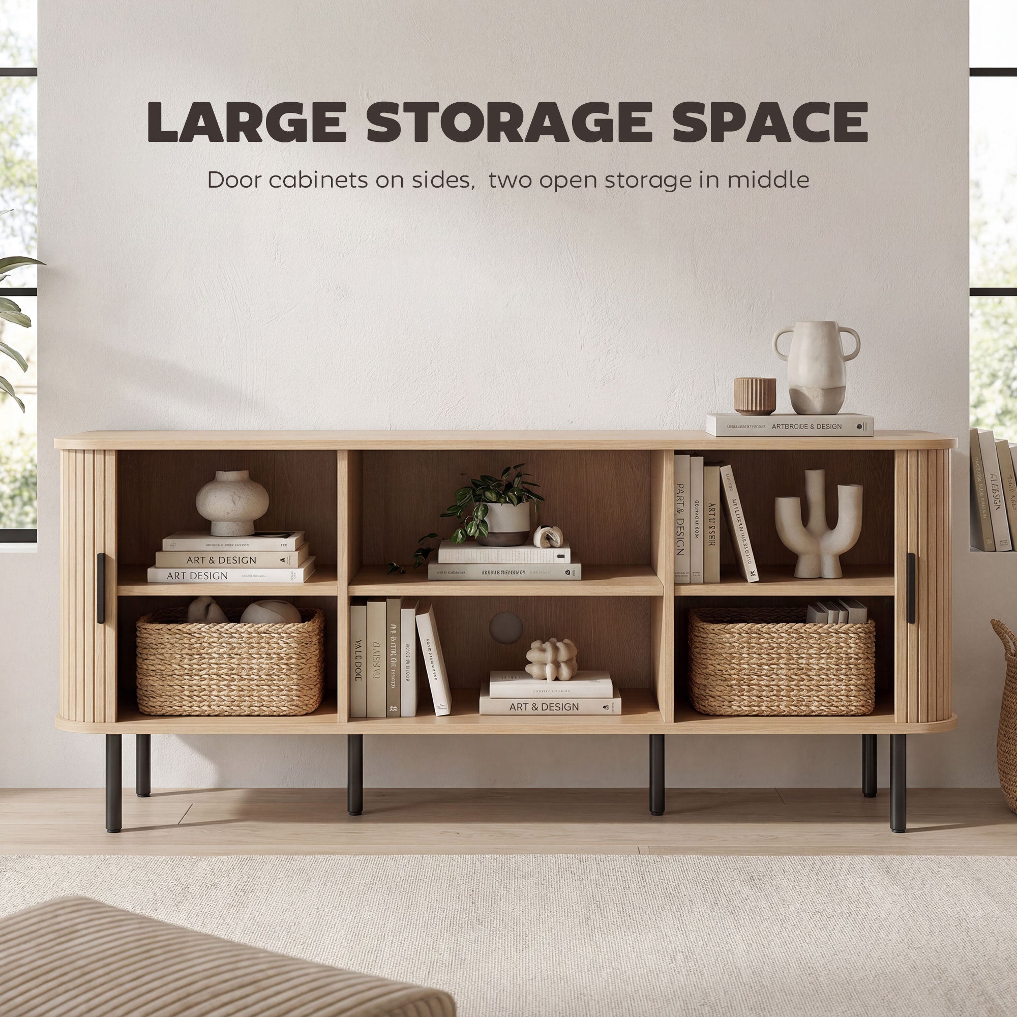 TV Stand for 65" TV - Oak Tone Storage Cabinet with Shelves, Clean Design-DECOROLALA