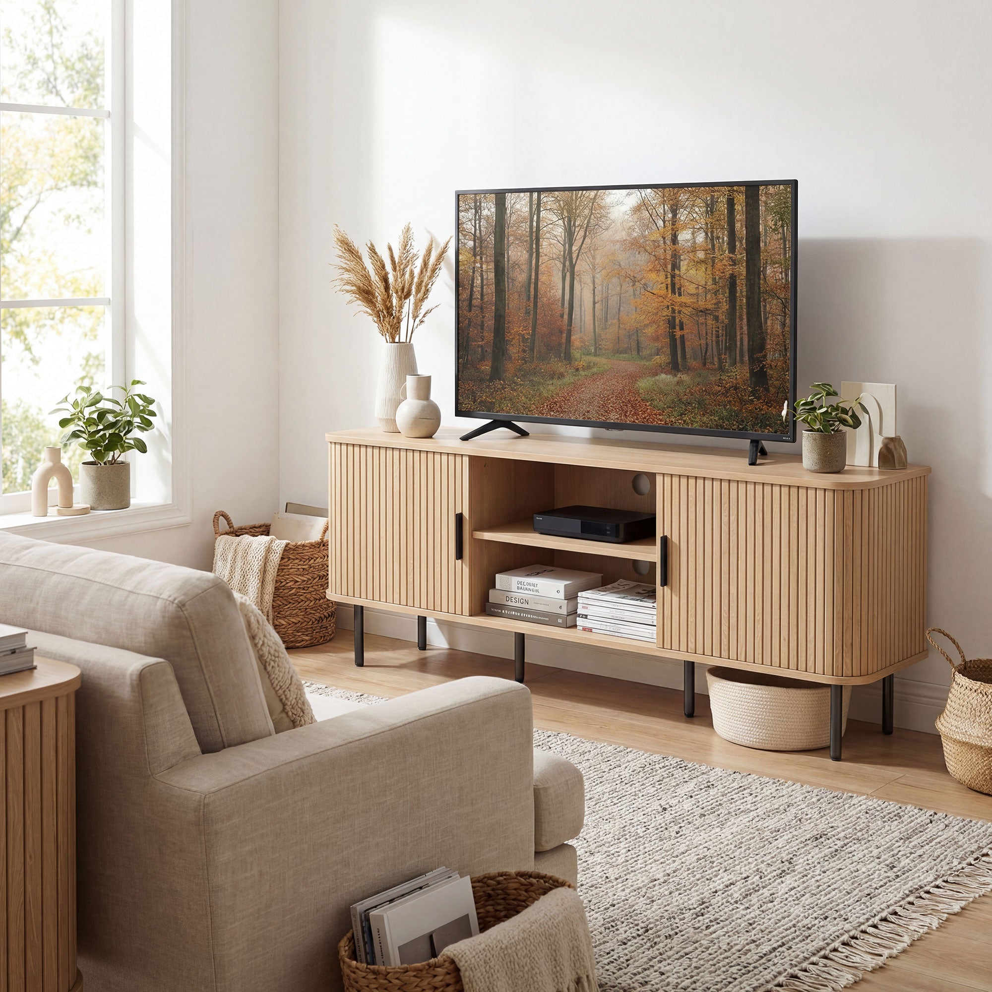TV Stand for 65" TV - Oak Tone Storage Cabinet with Shelves, Clean Design-DECOROLALA
