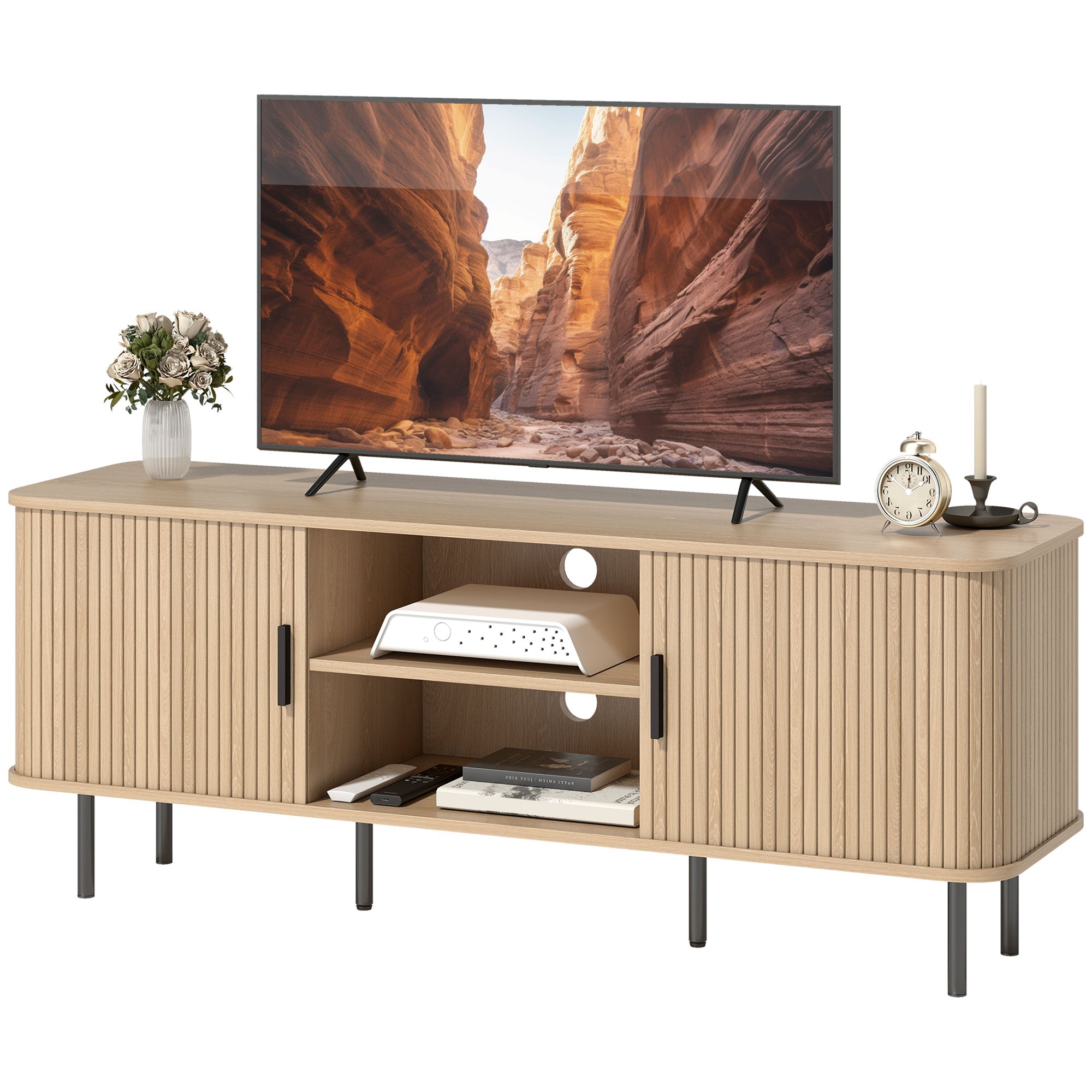 TV Stand for 65" TV - Oak Tone Storage Cabinet with Shelves, Clean Design-DECOROLALA