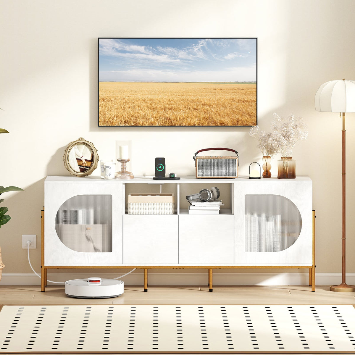 TV Stand for 70 Inch TV with Power Outlets Drawers and Open Shelves-White-Entertainment Centers & TV Stands-DECOROLALA