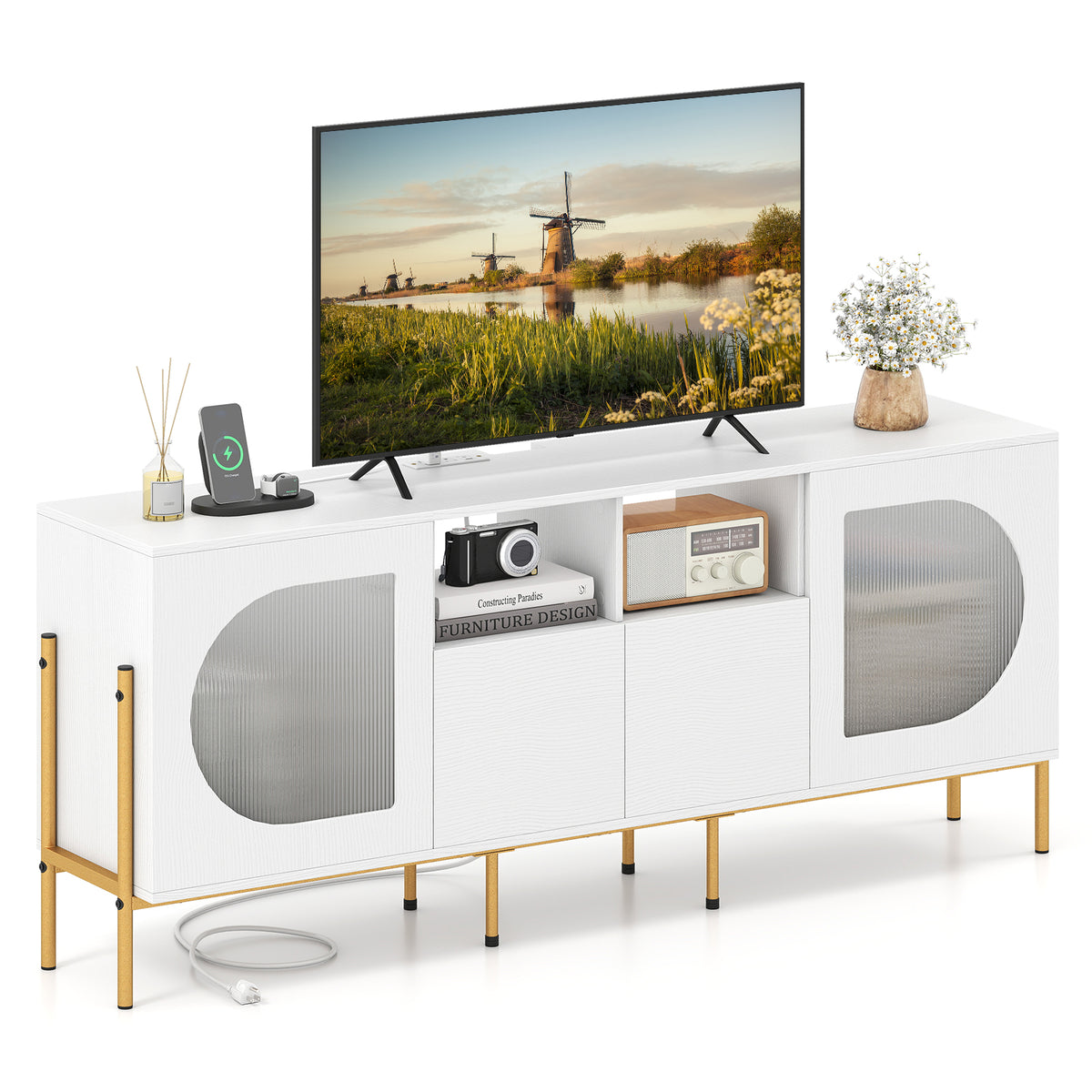 TV Stand for 70 Inch TV with Power Outlets Drawers and Open Shelves-White-Entertainment Centers & TV Stands-DECOROLALA