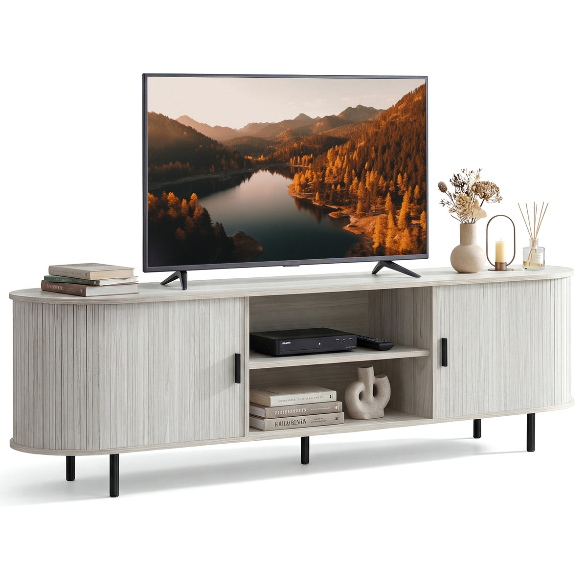 TV Stand for 80 Inch TVs Mid Century Modern Entertainment Center with Fluted Sliding Doors-Natural-Entertainment Centers & TV Stands-DECOROLALA