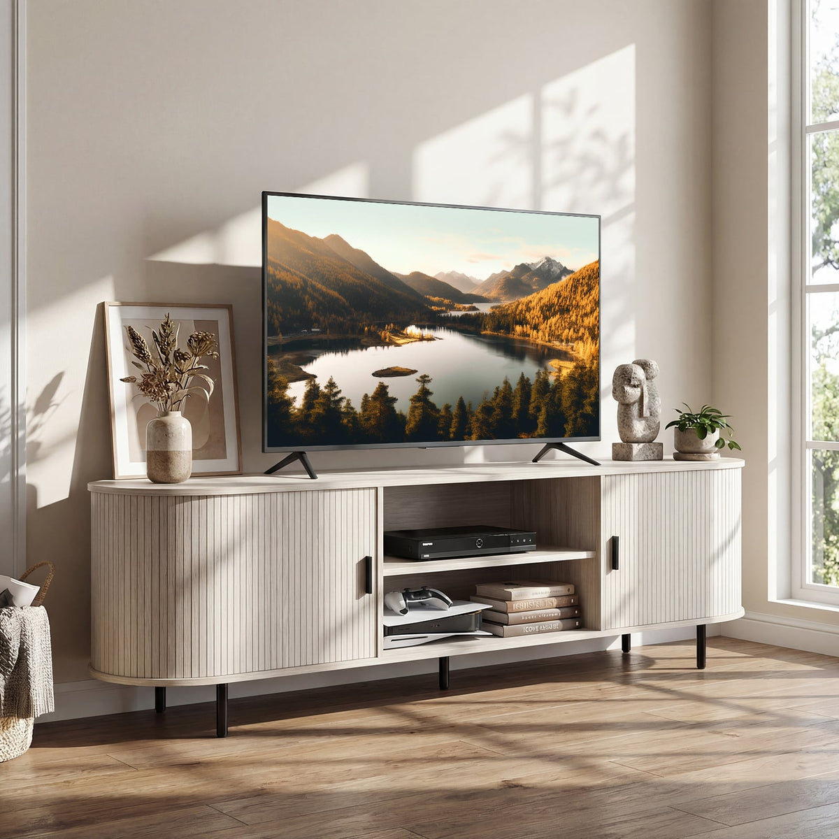 TV Stand for 80 Inch TVs Mid Century Modern Entertainment Center with Fluted Sliding Doors-Natural-Entertainment Centers & TV Stands-DECOROLALA