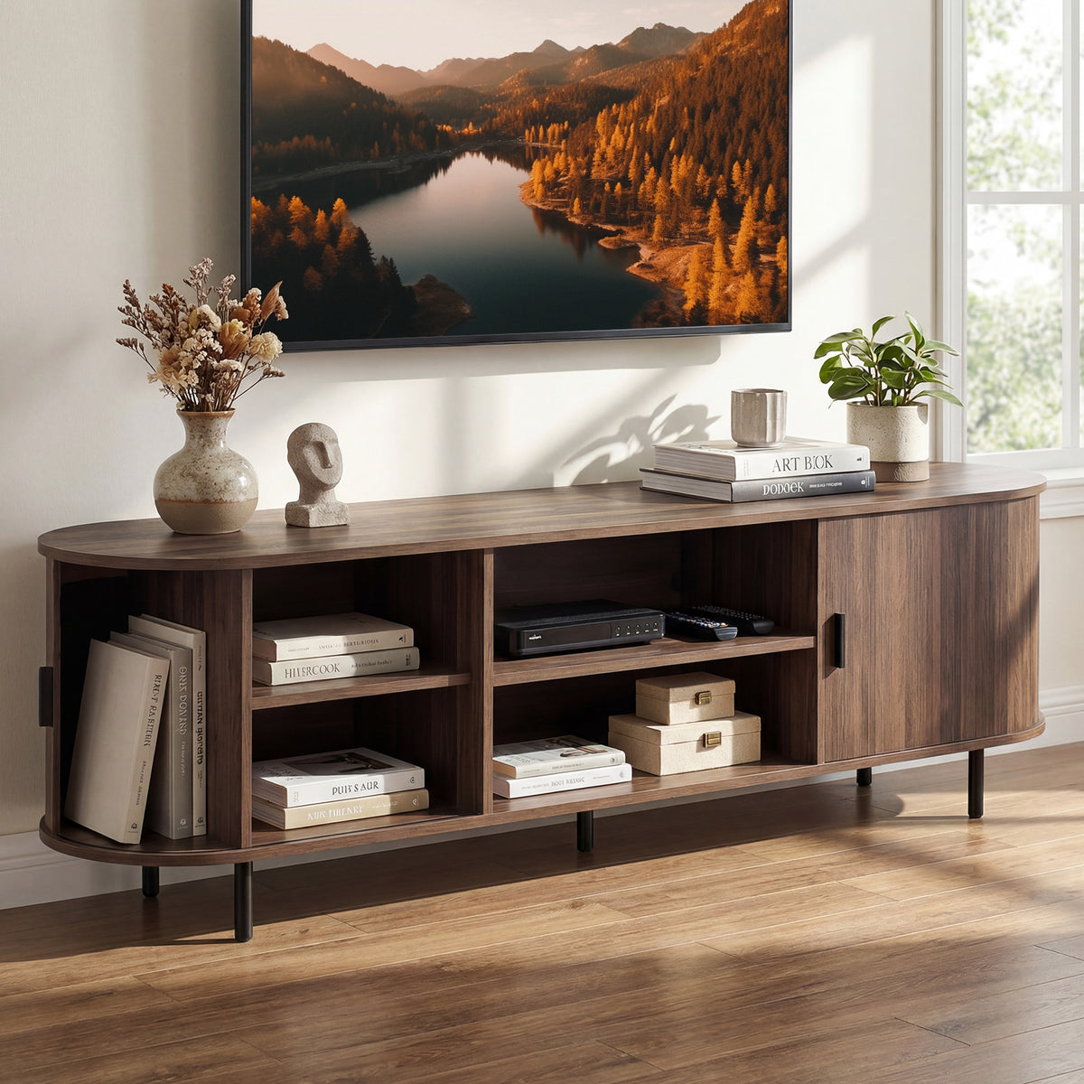 TV Stand for 80 Inch TVs Mid Century Modern Entertainment Center with Fluted Sliding Doors-Walnut-Entertainment Centers & TV Stands-DECOROLALA