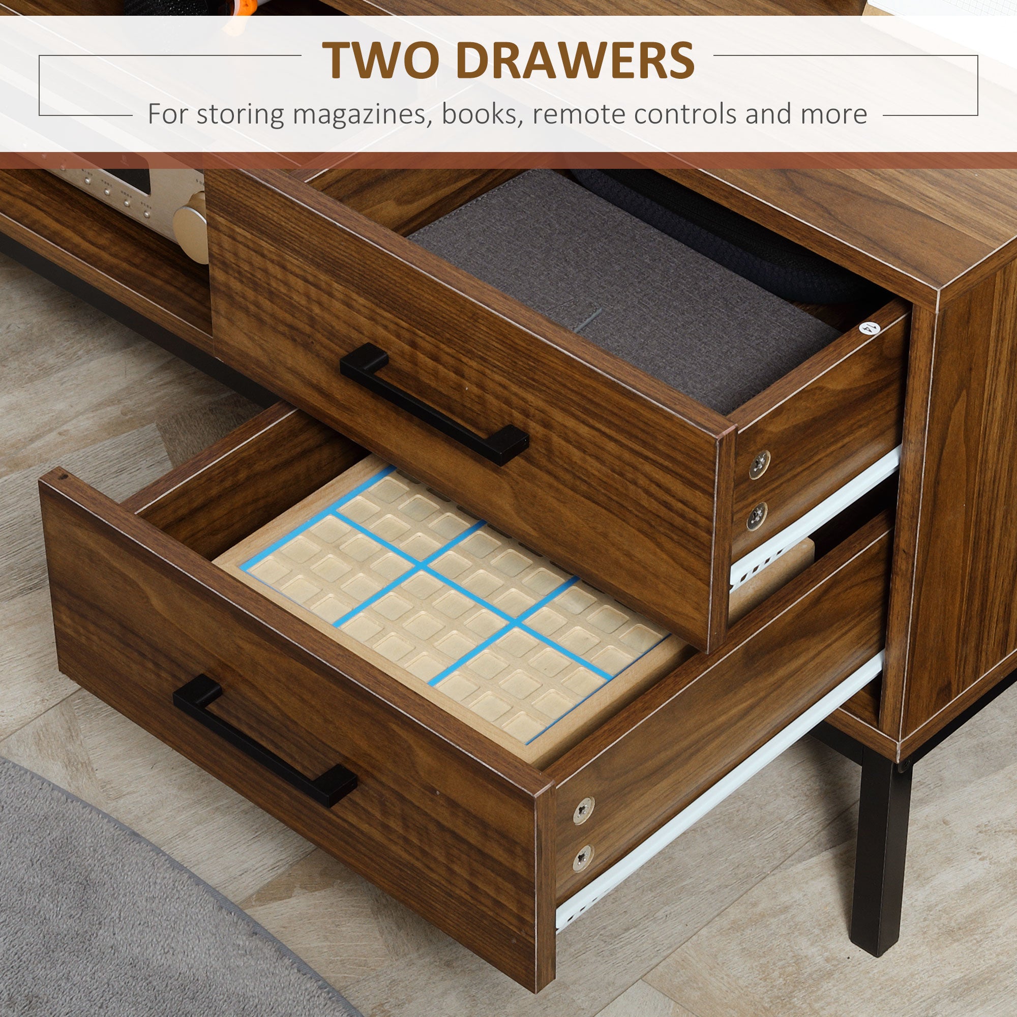 TV Stand for TV up to 50 Inches, TV Cabinet with Door, Open Storage and Drawers, TV Table with Steel Legs, Dark Walunt-Home Furnishings > Living Room Furniture > TV¬†Stands-DECOROLALA