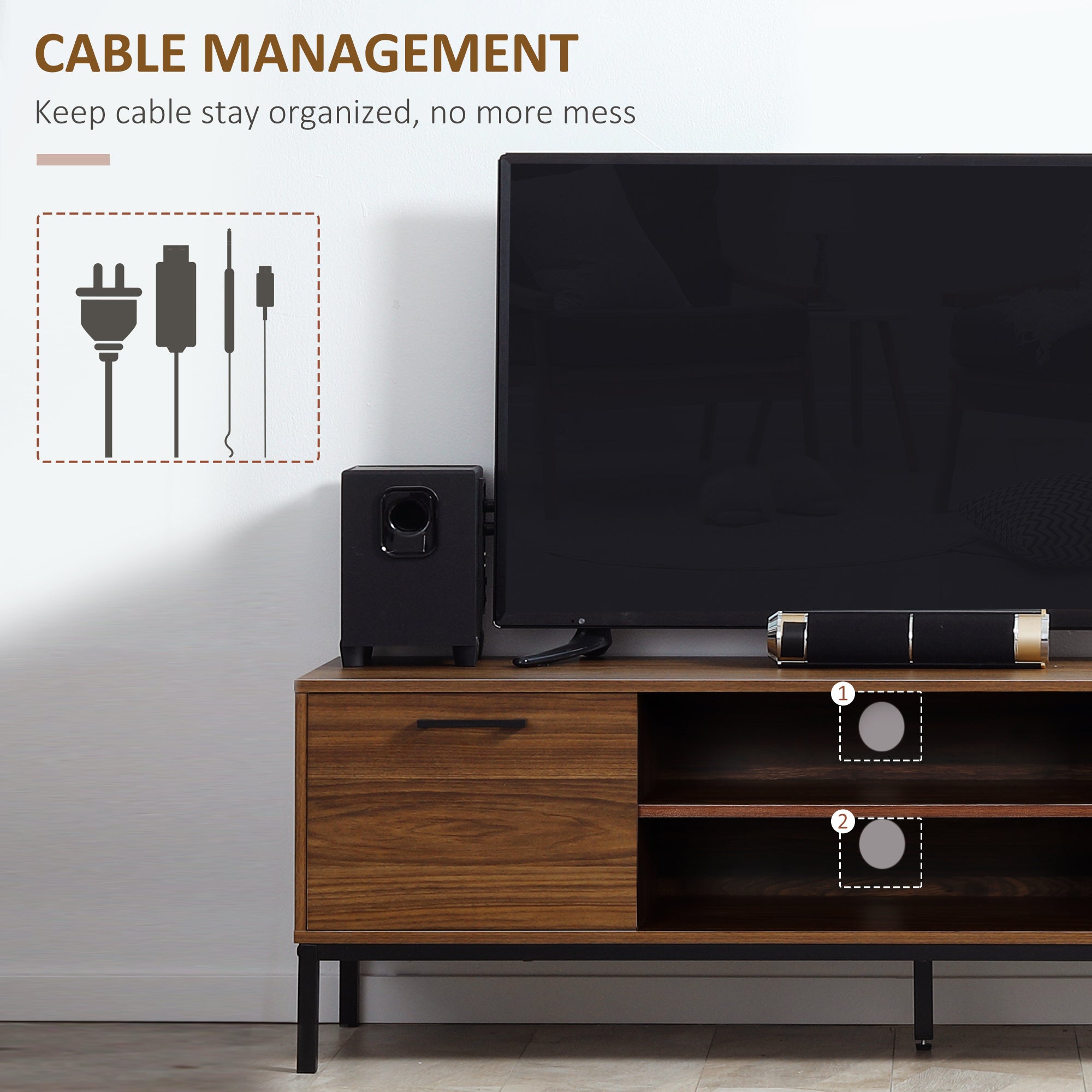 TV Stand for TV up to 50 Inches, TV Cabinet with Door, Open Storage and Drawers, TV Table with Steel Legs, Dark Walunt-Home Furnishings > Living Room Furniture > TV¬†Stands-DECOROLALA