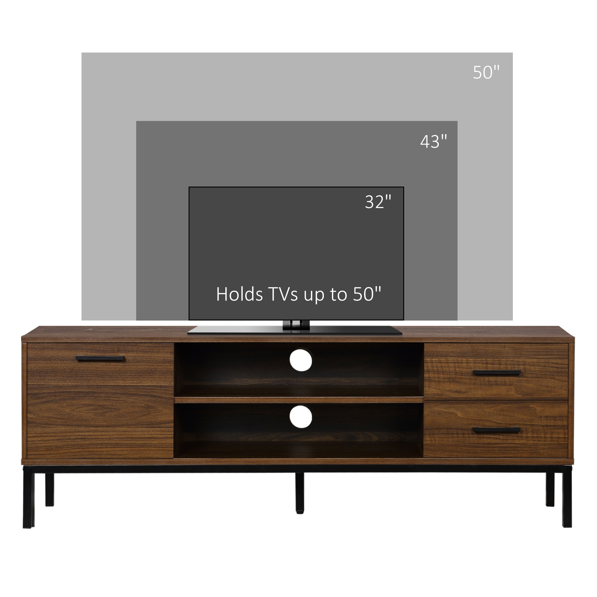 TV Stand for TV up to 50 Inches, TV Cabinet with Door, Open Storage and Drawers, TV Table with Steel Legs, Dark Walunt-Home Furnishings > Living Room Furniture > TV¬†Stands-DECOROLALA