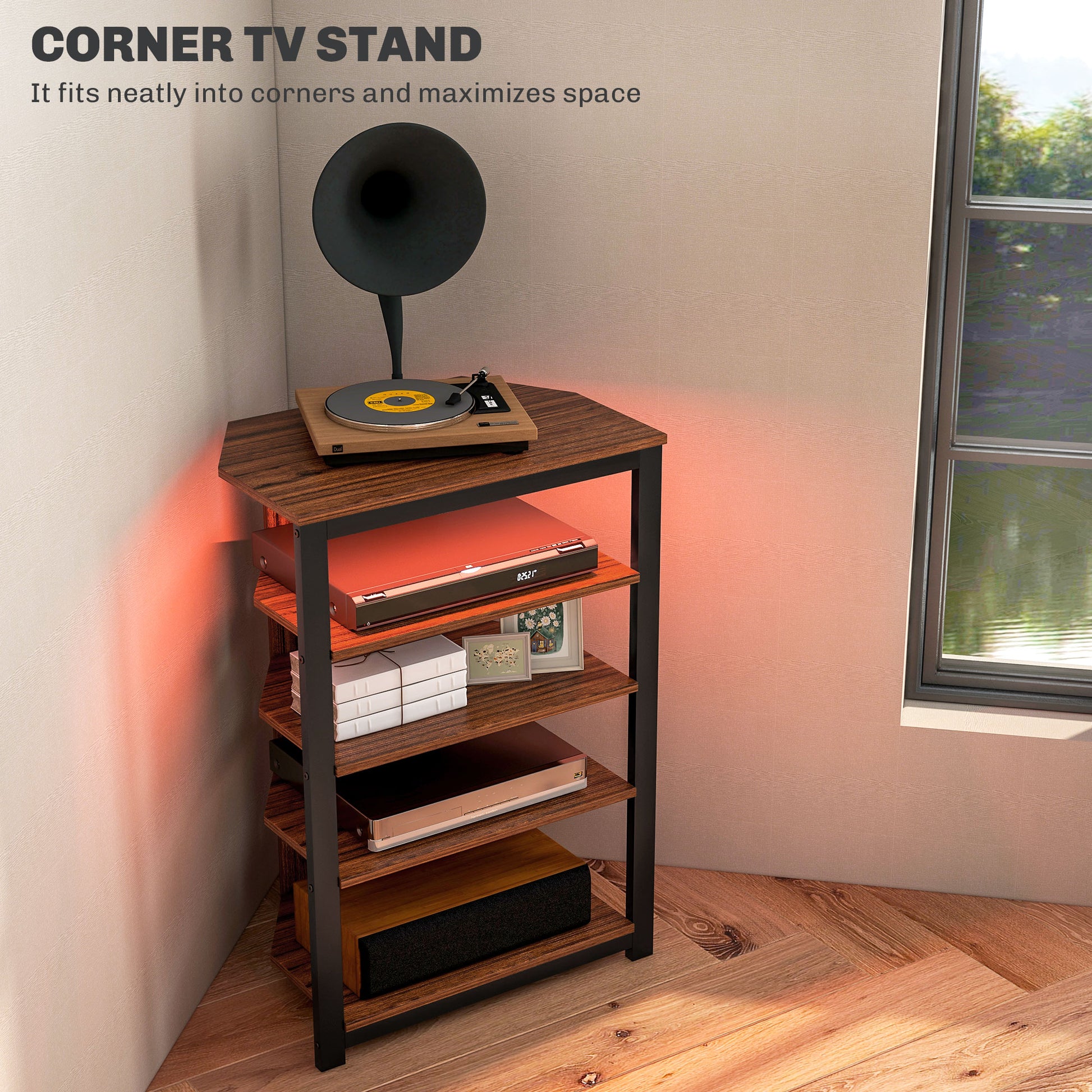 TV Stand for TVs up to 29", Entertainment Center with 4-Tier Storage Shelves and LED Lights for Living Room-Home Furnishings > Living Room Furniture > TV¬†Stands-DECOROLALA