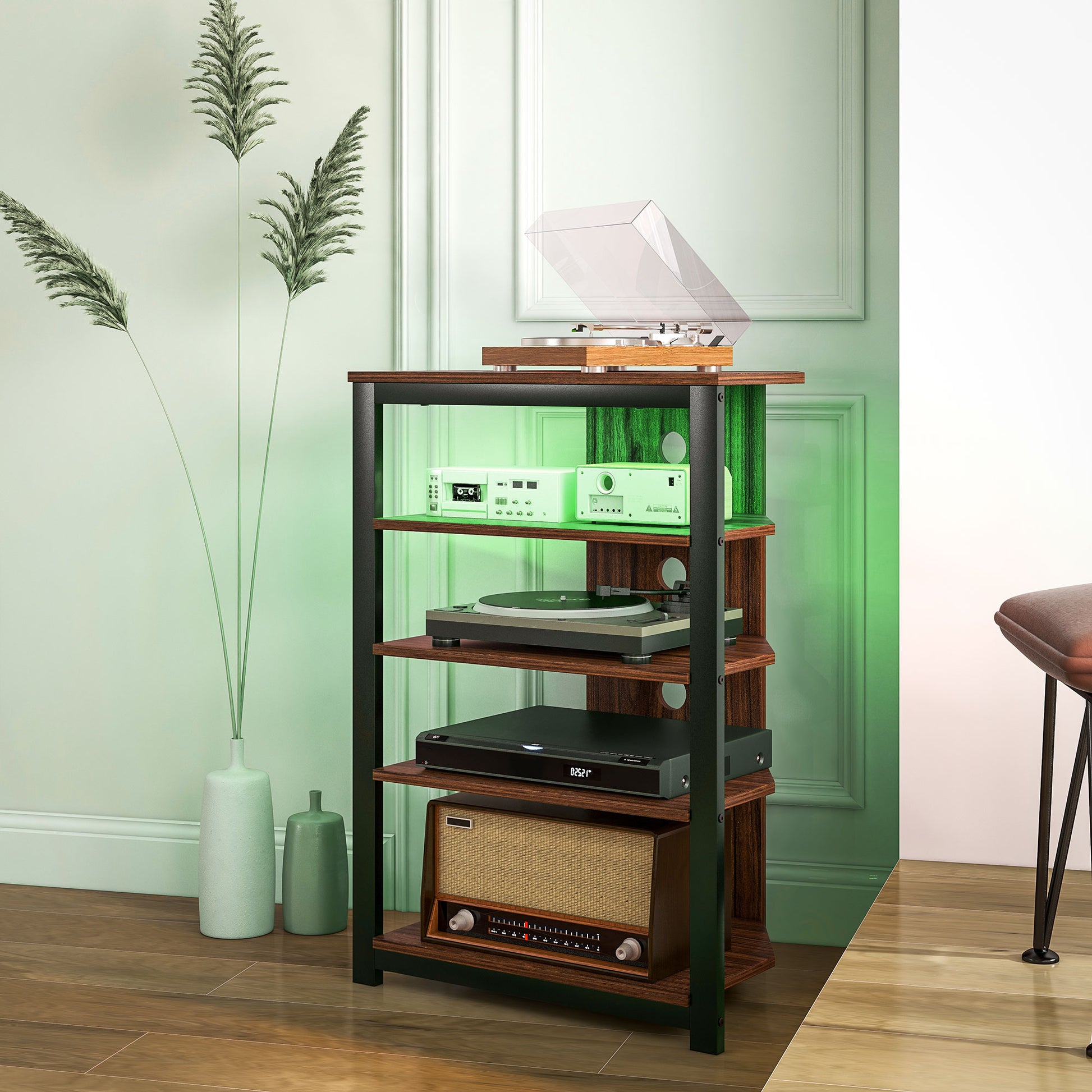 TV Stand for TVs up to 29", Entertainment Center with 4-Tier Storage Shelves and LED Lights for Living Room-Home Furnishings > Living Room Furniture > TV¬†Stands-DECOROLALA