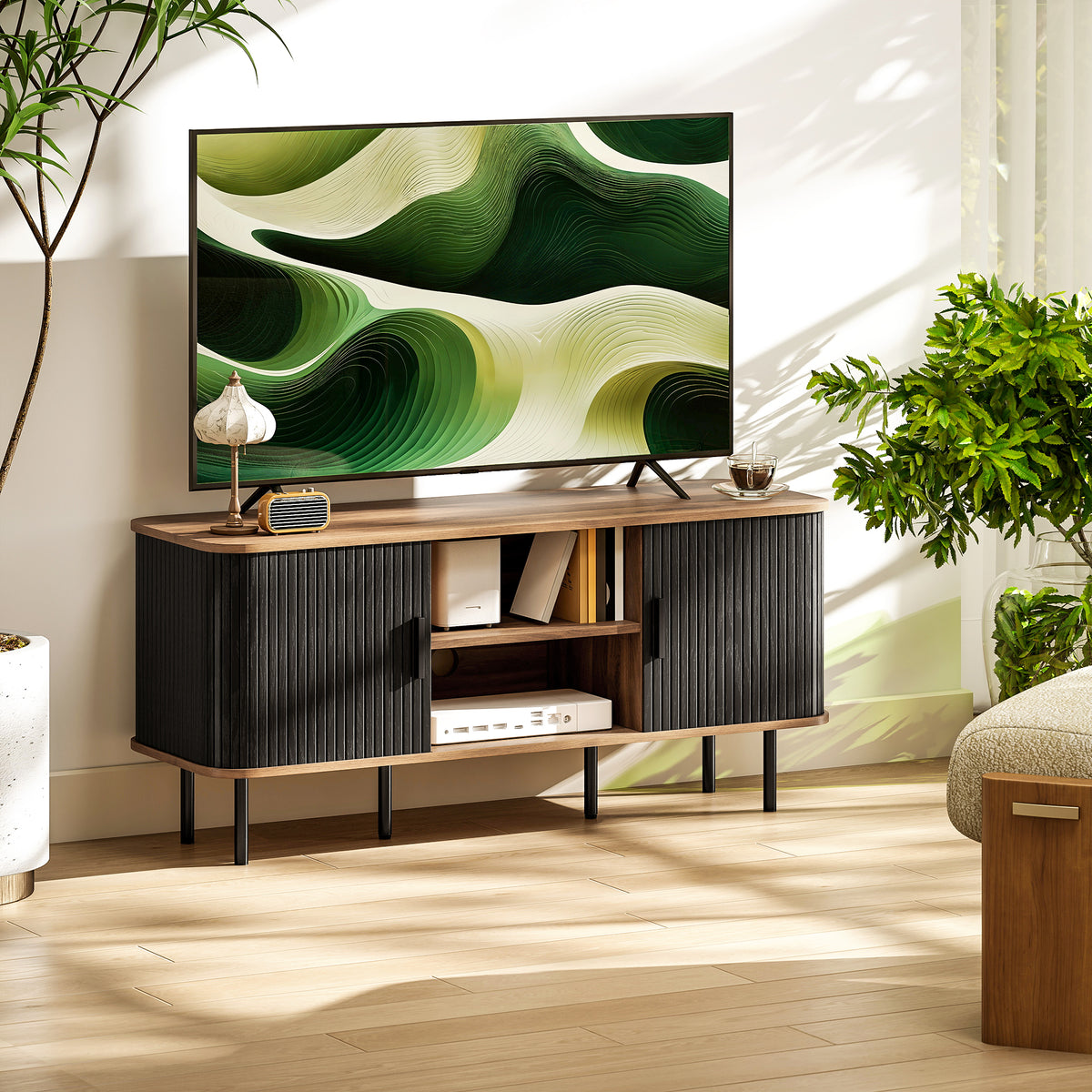 TV Stand for TVs up to 55" - Black Media Console Cabinet-Home Furnishings > Living Room Furniture > TV¬†Stands-DECOROLALA