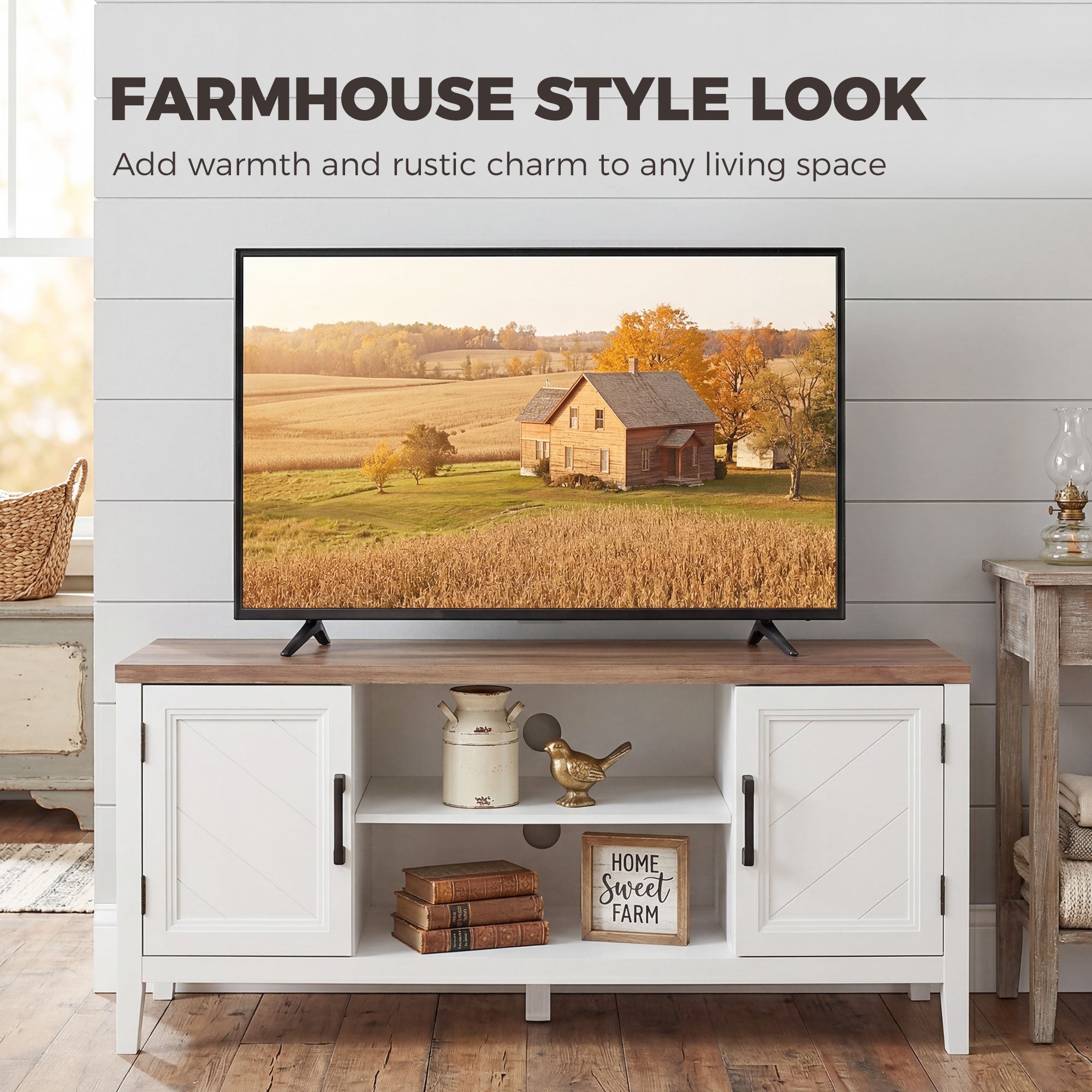 TV Stand for TVs up to 55 Inch, Entertainment Center with 2 Open Shelves, 2 Cabinets, Thick Top, White and Brown-Home Furnishings > Living Room Furniture > TV¬†Stands-DECOROLALA