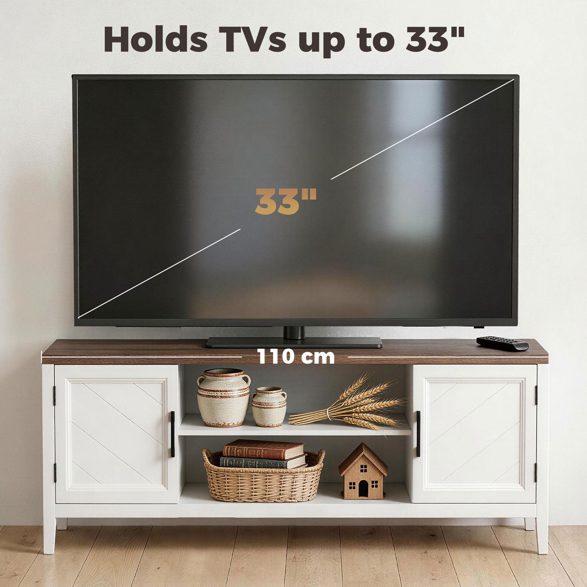 TV Stand for TVs up to 55 Inch, Entertainment Center with 2 Open Shelves, 2 Cabinets, Thick Top, White and Brown-Home Furnishings > Living Room Furniture > TV¬†Stands-DECOROLALA
