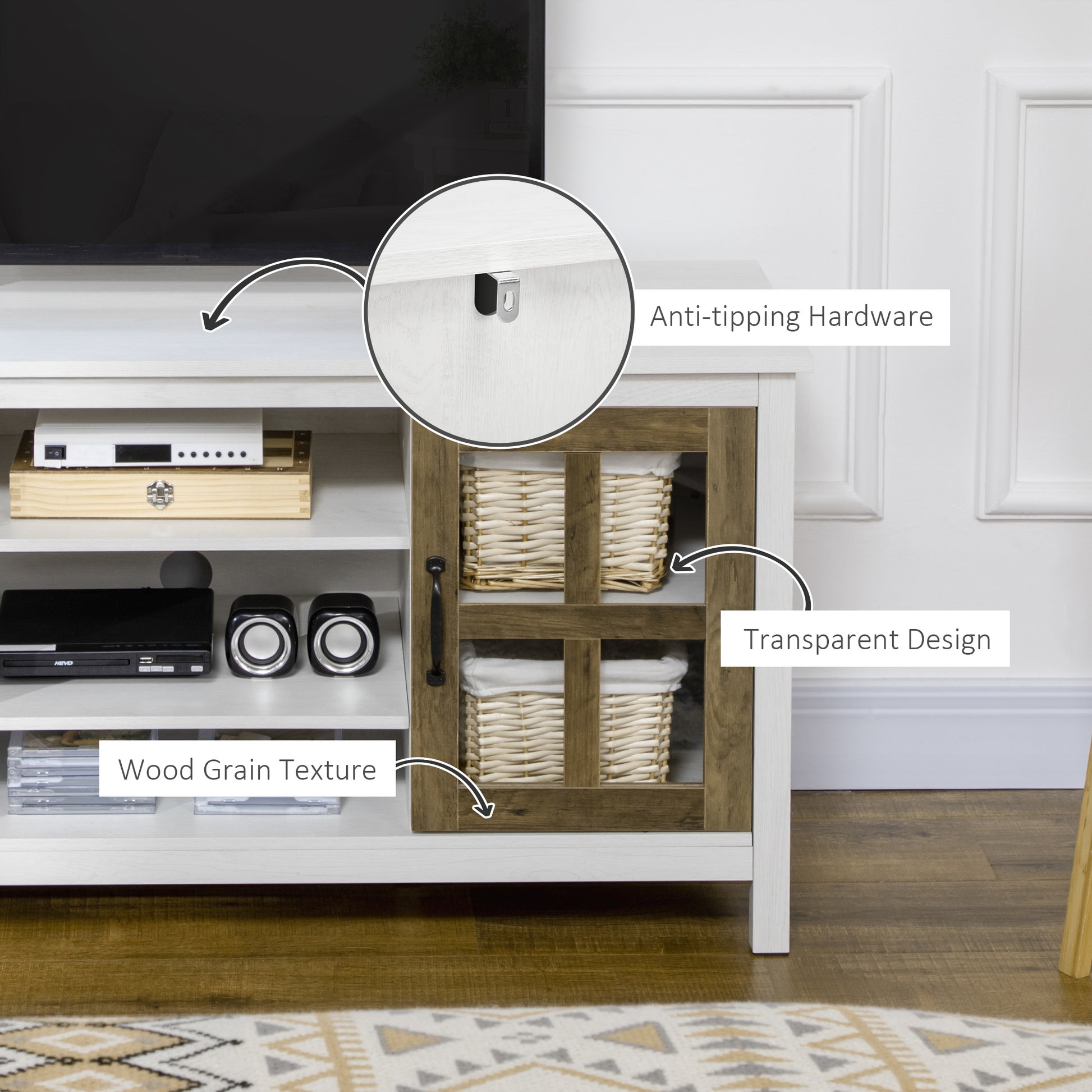 TV Stand for TVs up to 55 Inches, TV Cabinet with Adjustable Shelves and Cable Holes, TV Bench for Living Room, White-Home Furnishings > Living Room Furniture > TV¬†Stands-DECOROLALA