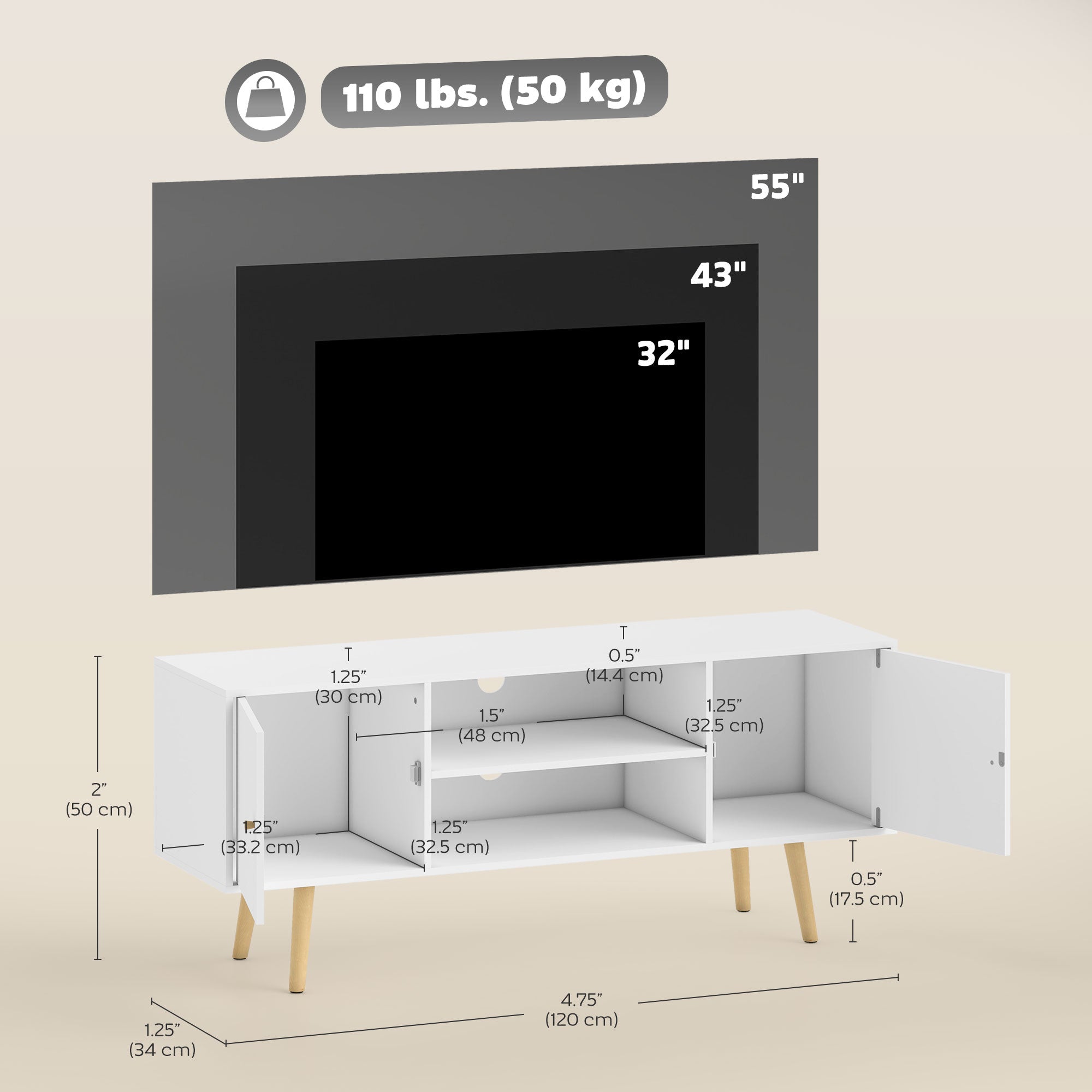 TV Stand for TVs up to 55" - White Media Console Unit-Home Furnishings > Living Room Furniture > TV¬†Stands-DECOROLALA