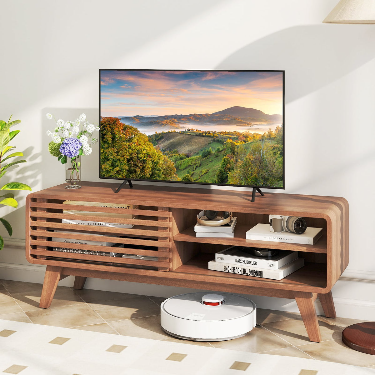 TV Stand for TVs up to 55" with Sliding Door and Adjustable Shelves for Living Room-Brown-Entertainment Centers & TV Stands-DECOROLALA