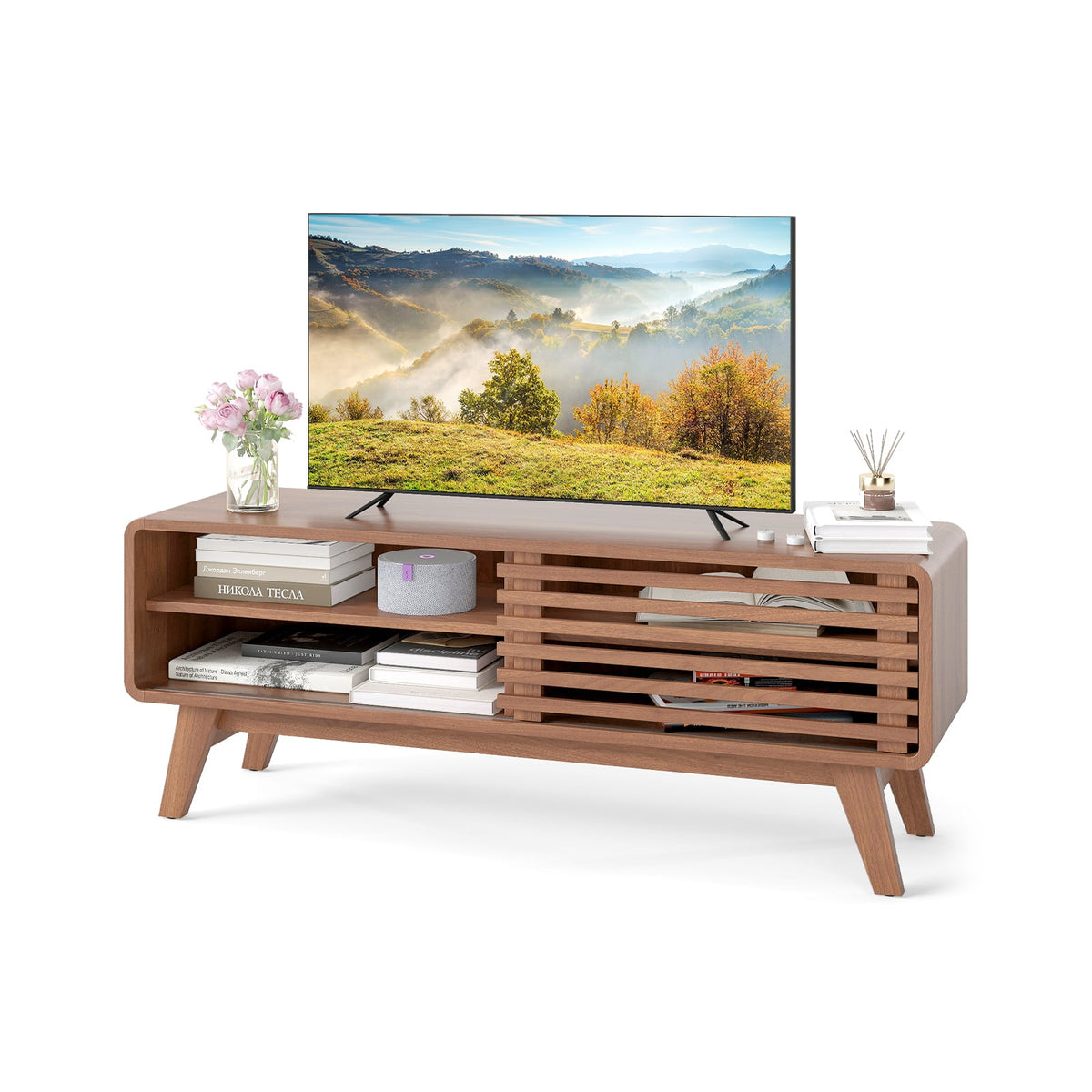 TV Stand for TVs up to 55" with Sliding Door and Adjustable Shelves for Living Room-Brown-Entertainment Centers & TV Stands-DECOROLALA
