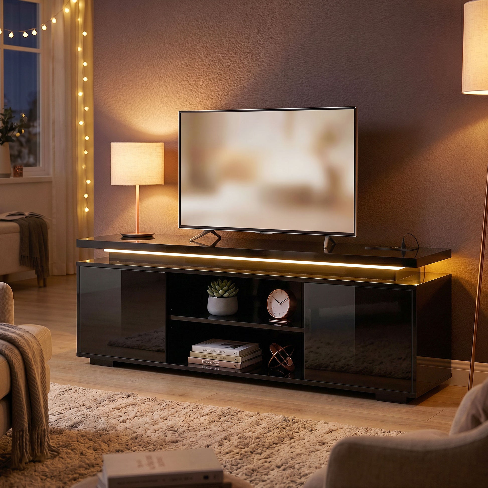 TV Stand for TVs up to 60 Inch, Modern Entertainment Center with LED Lights and Power Outlets, High Gloss Black-Home Furnishings > Living Room Furniture > TV¬†Stands-DECOROLALA
