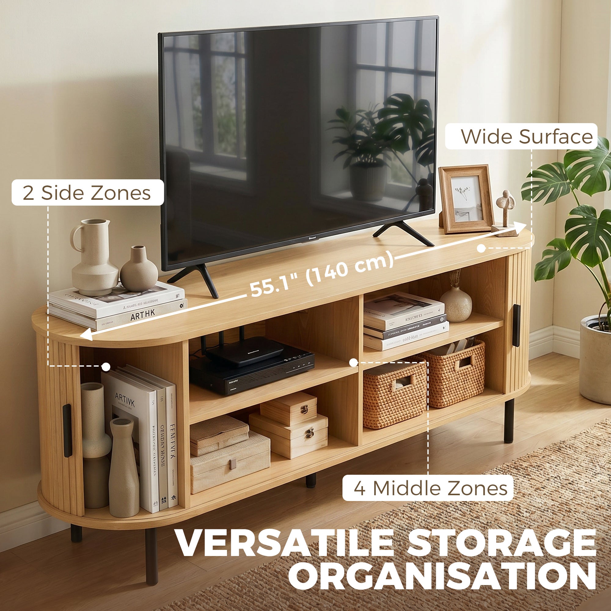 TV Stand for TVs up to 60", Modern Entertainment Center with Curved Sliding Doors, Natural Wood-Home Furnishings > Living Room Furniture > TV¬†Stands-DECOROLALA