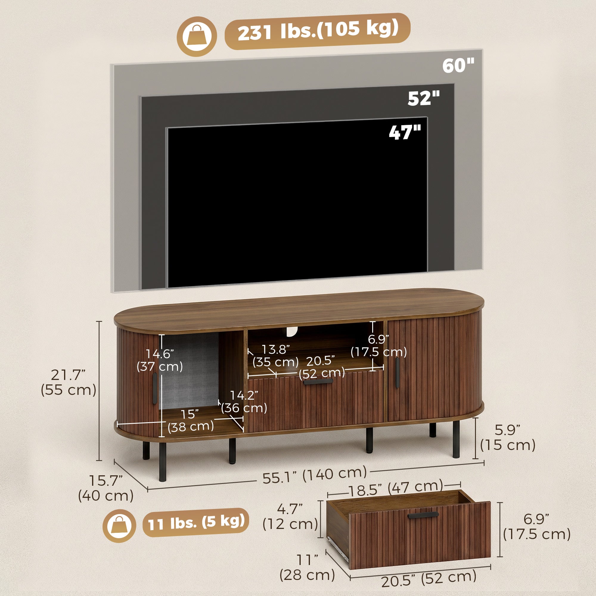 TV Stand for TVs up to 60", Modern Entertainment Center with Curved Sliding Doors and Storage, Brown-Home Furnishings > Living Room Furniture > TV¬†Stands-DECOROLALA