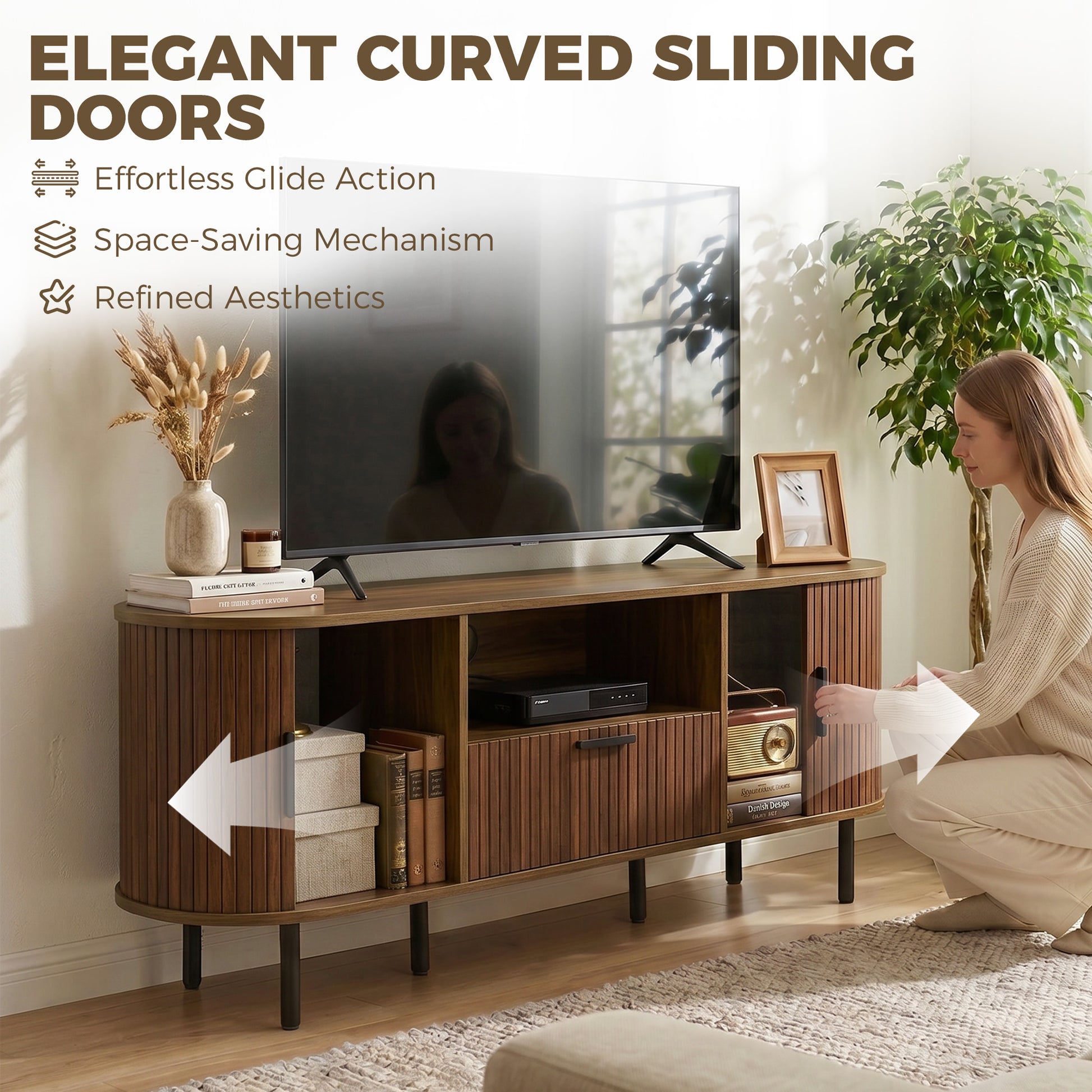 TV Stand for TVs up to 60", Modern Entertainment Center with Curved Sliding Doors and Storage, Brown-Home Furnishings > Living Room Furniture > TV¬†Stands-DECOROLALA