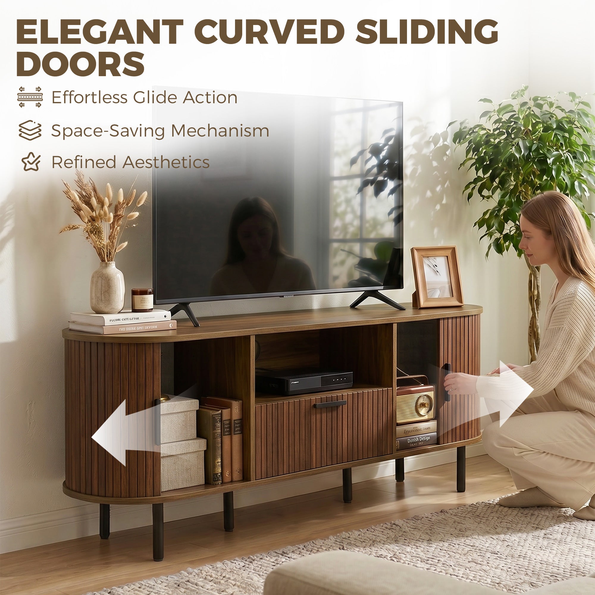 TV Stand for TVs up to 60", Modern Entertainment Center with Curved Sliding Doors and Storage, Brown-Home Furnishings > Living Room Furniture > TV¬†Stands-DECOROLALA