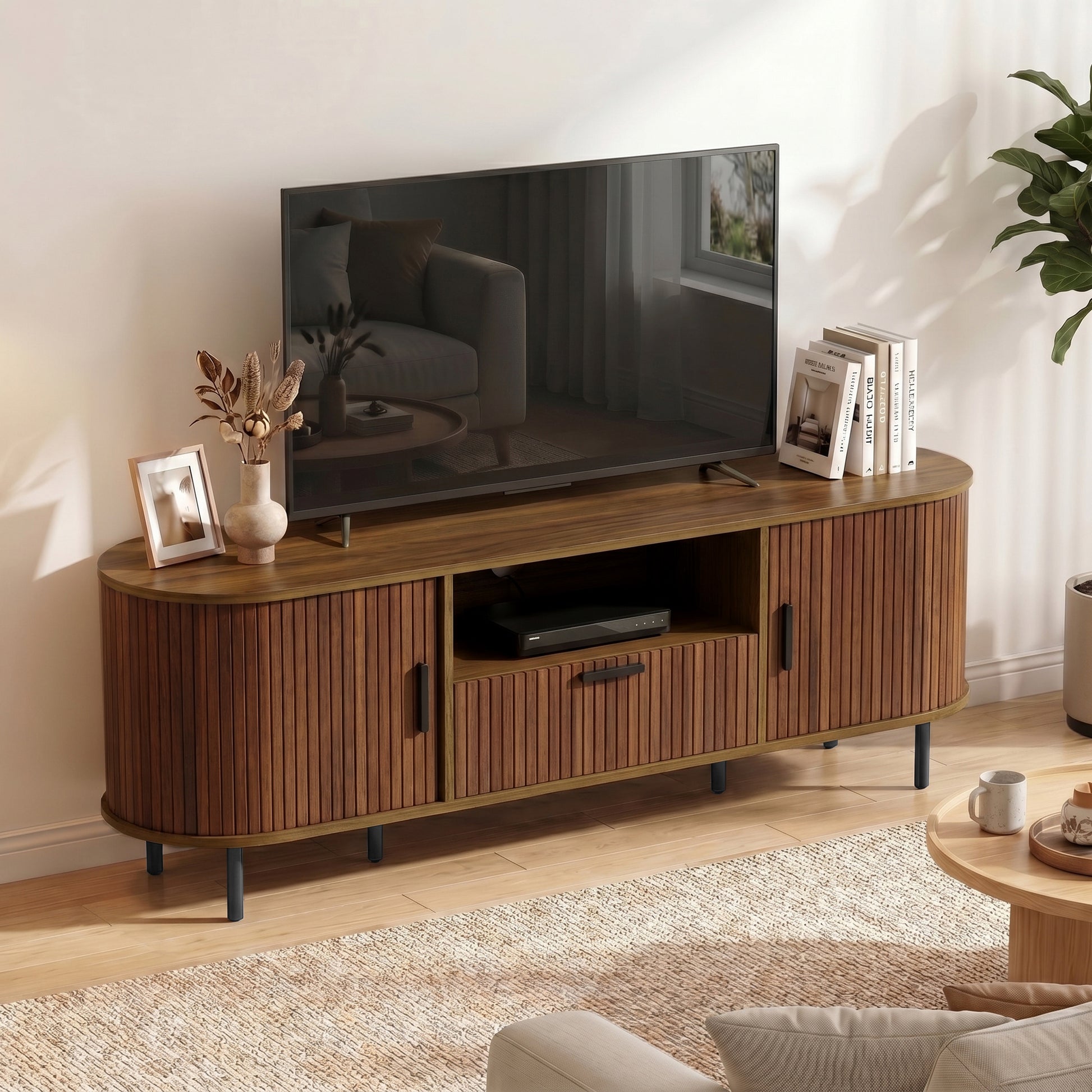TV Stand for TVs up to 60", Modern Entertainment Center with Curved Sliding Doors and Storage, Brown-Home Furnishings > Living Room Furniture > TV¬†Stands-DECOROLALA